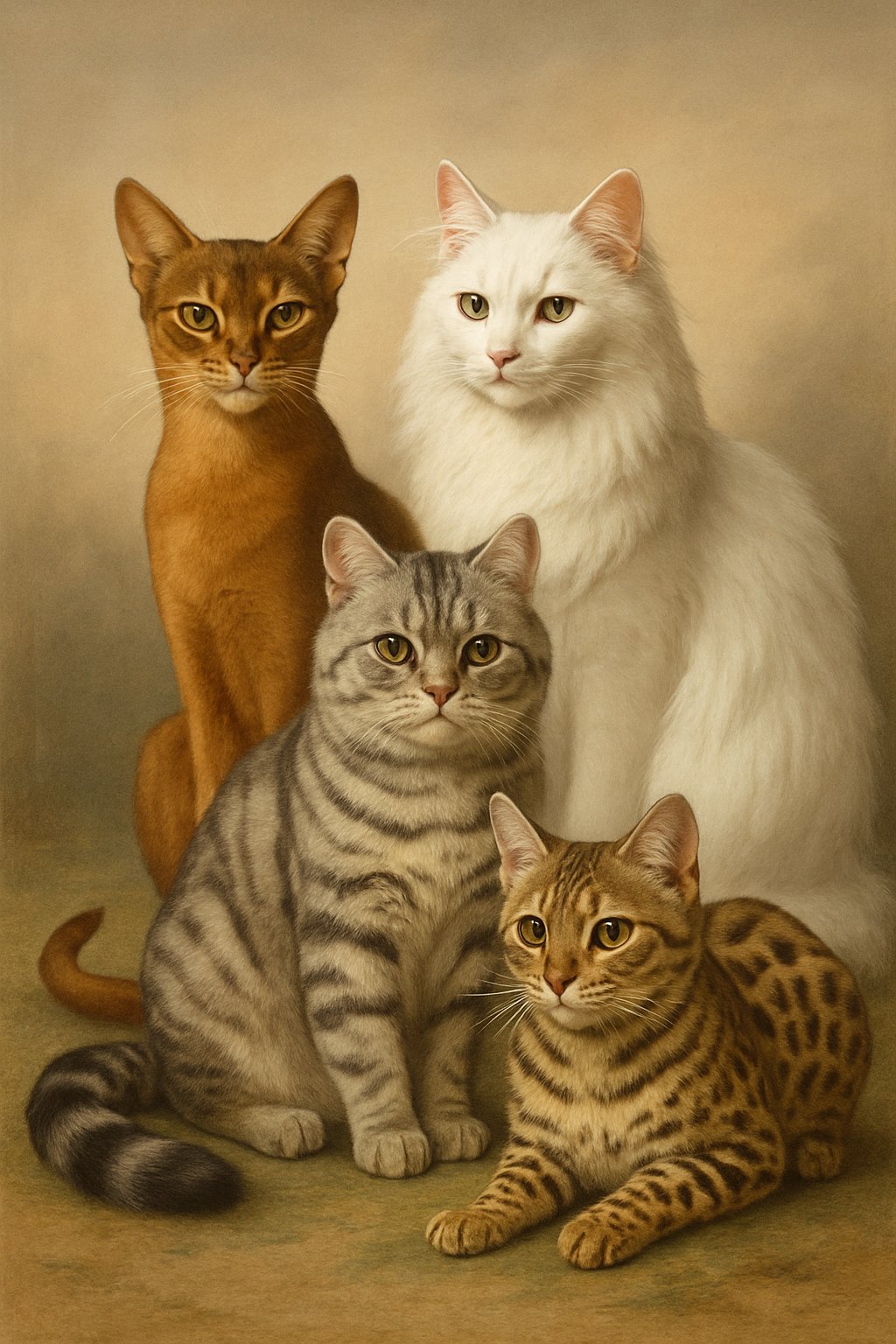 A group of different cats posed together, each representing a cat name starting with the letter A, set against a warm, simple background.