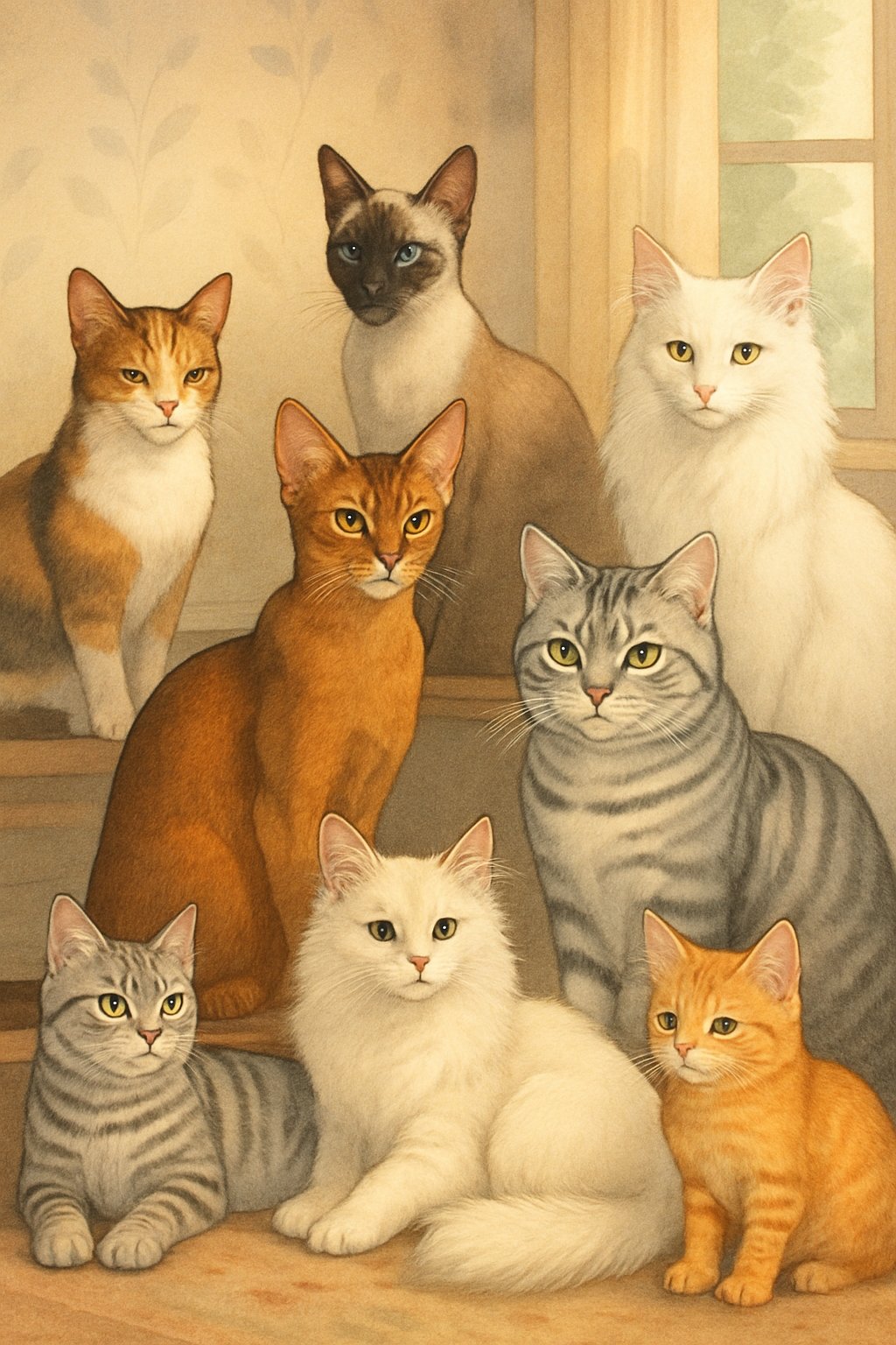 A group of different cats gathered together indoors, each showing unique looks and personalities.