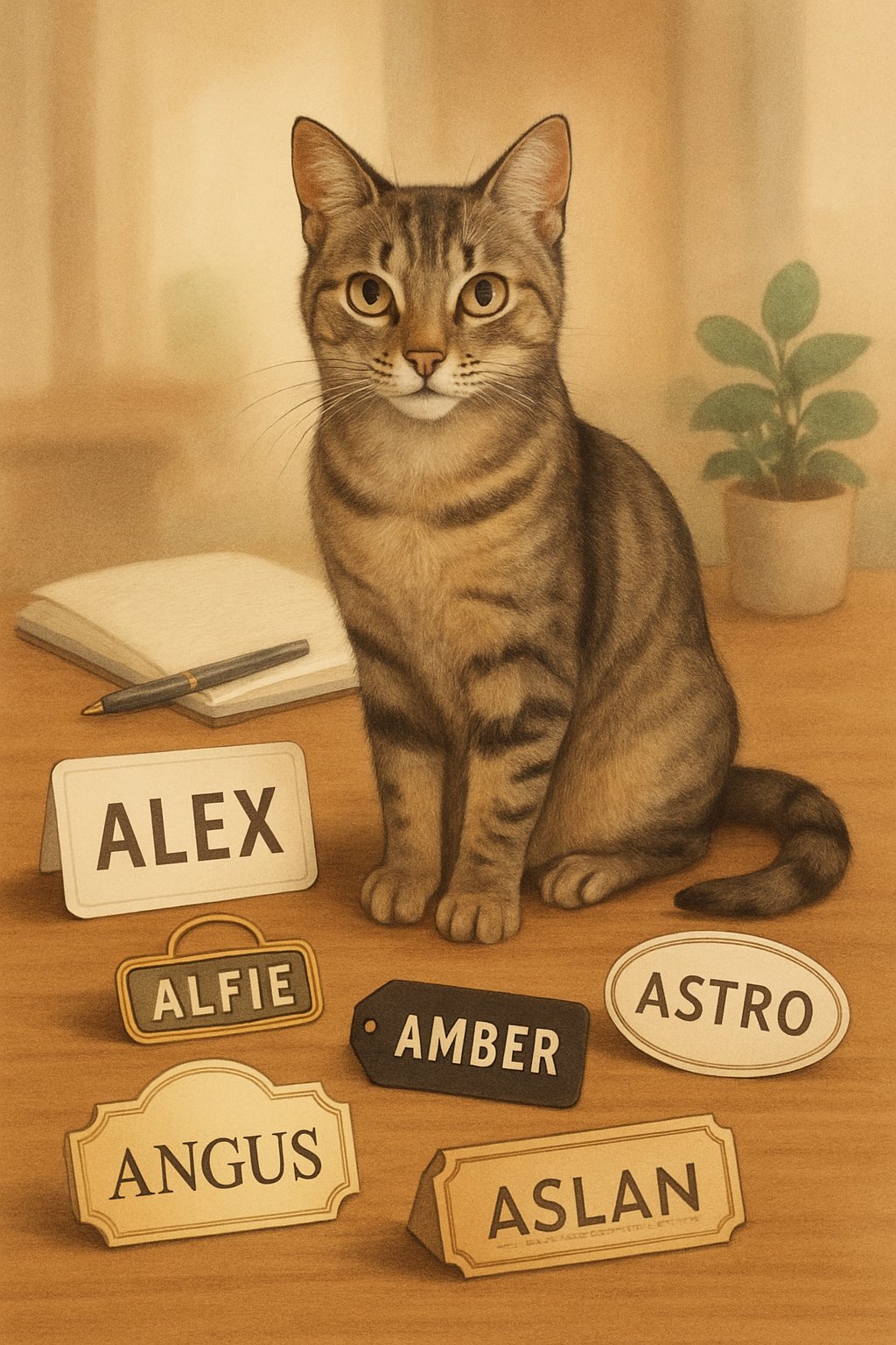 A domestic cat sitting on a wooden table surrounded by name tags and small decorative nameplates, with a notebook, pen, and potted plant nearby in a cozy room.