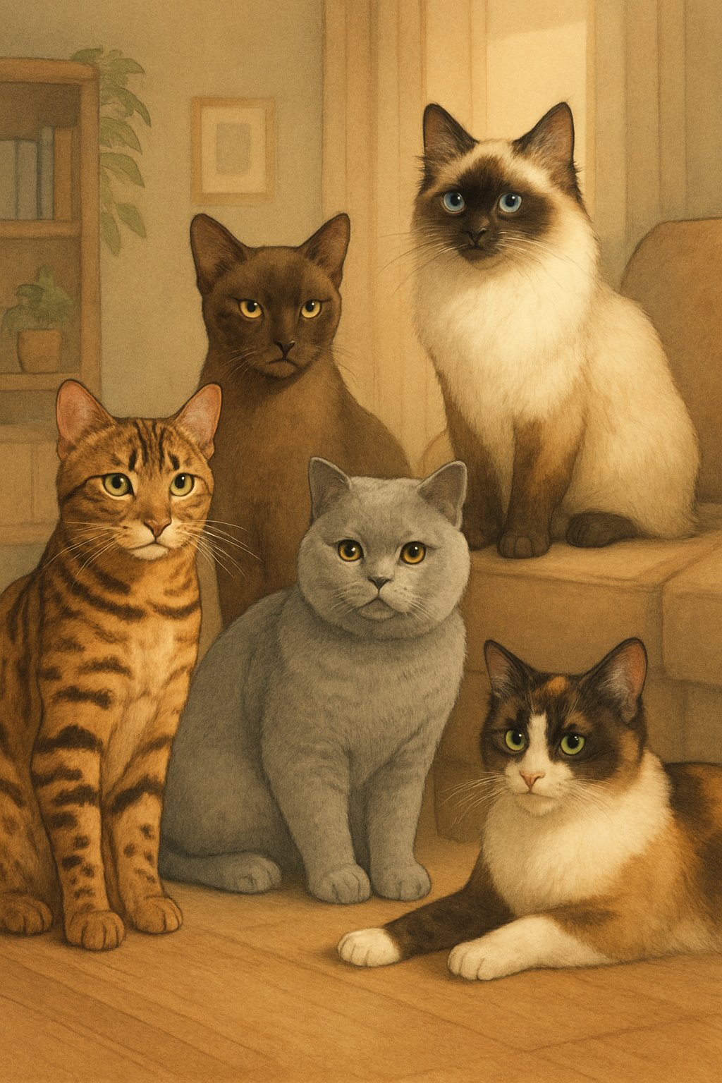 A group of cats with different breeds and colors gathered together in a cozy living room.