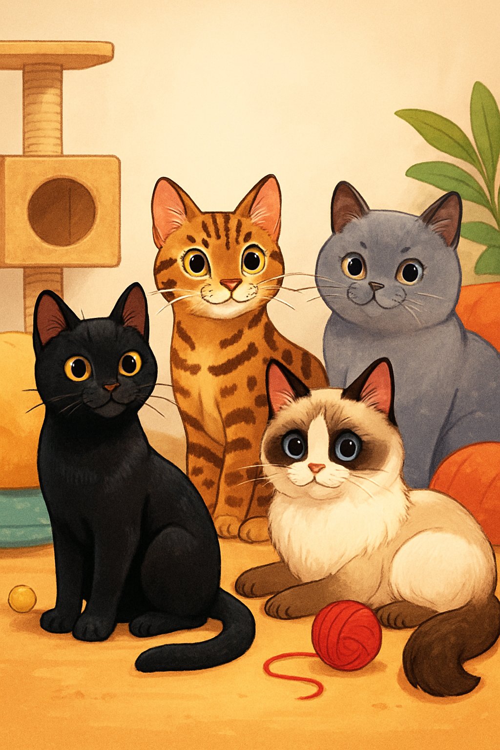 A group of various cats including a black Bombay, spotted Bengal, gray British Shorthair, and cream-and-brown Birman sitting together in a cozy indoor setting with cat toys and cushions.