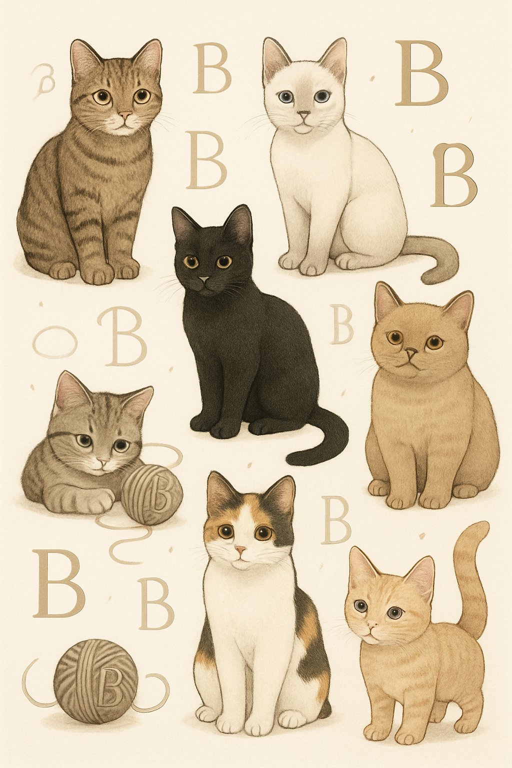 A group of various cats surrounded by floating letter B shapes and yarn balls, all arranged in a warm and inviting scene.