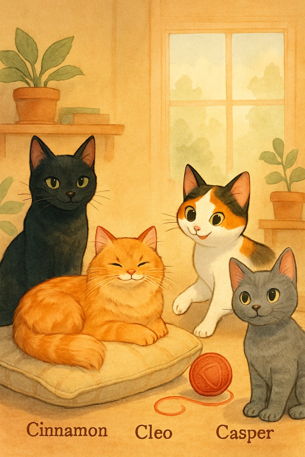 A cozy indoor scene showing four cats with different colors and patterns, each engaged in playful or relaxed activities.