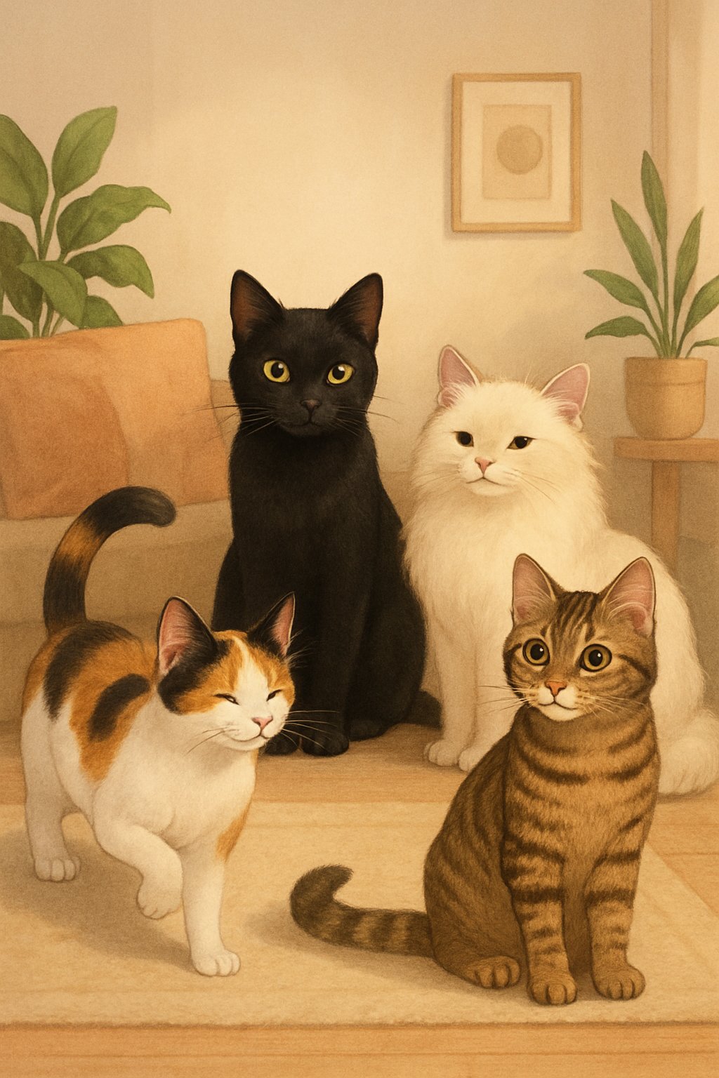 A group of four cats in a cozy indoor setting, including a calico, black, cream-colored, and tabby cat, all in natural poses.