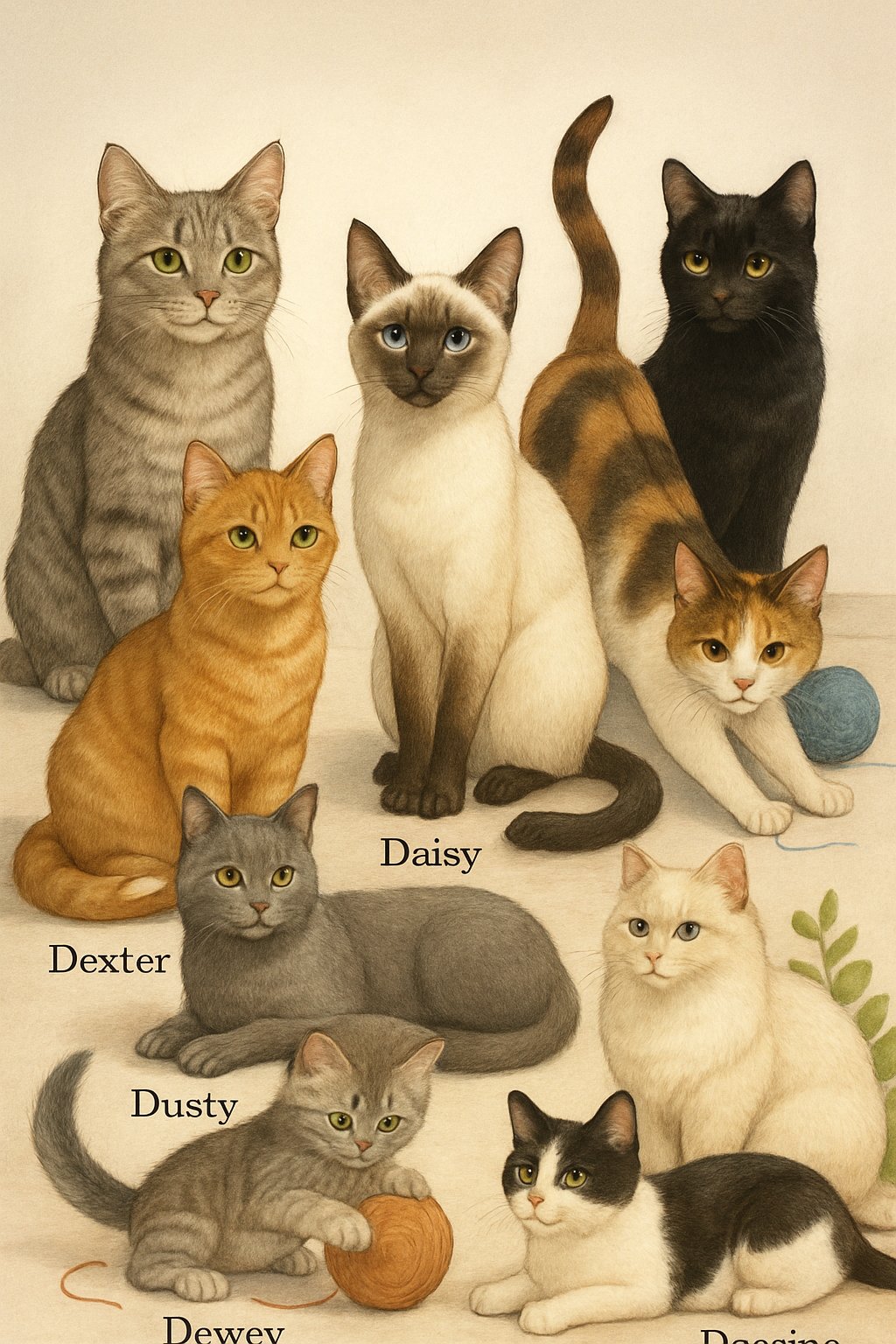 A group of different cats in various poses arranged together in a bright, calm setting.