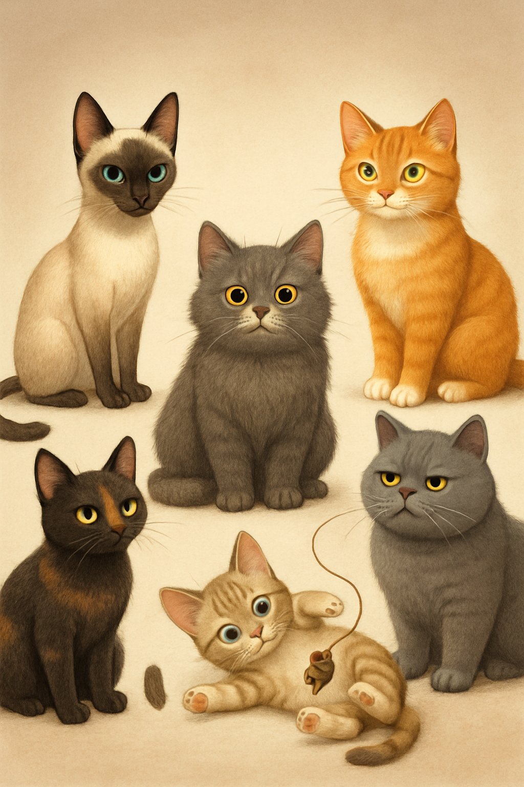 A group of diverse cats with different colors and poses, arranged together in a calm setting.