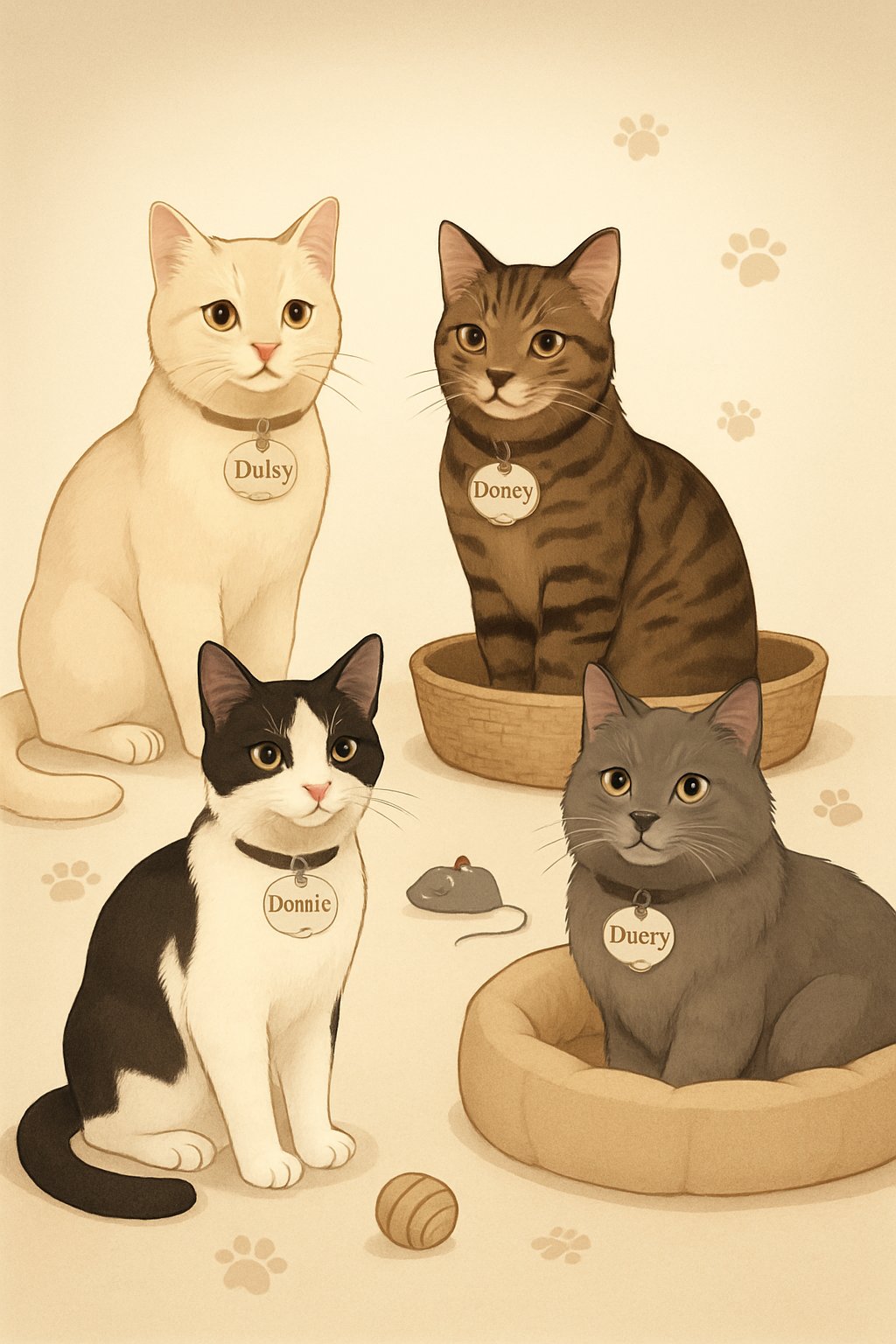 Several cats of different breeds and colors sitting and playing together with subtle name tags indicating names starting with the letter D, surrounded by cat toys and beds.