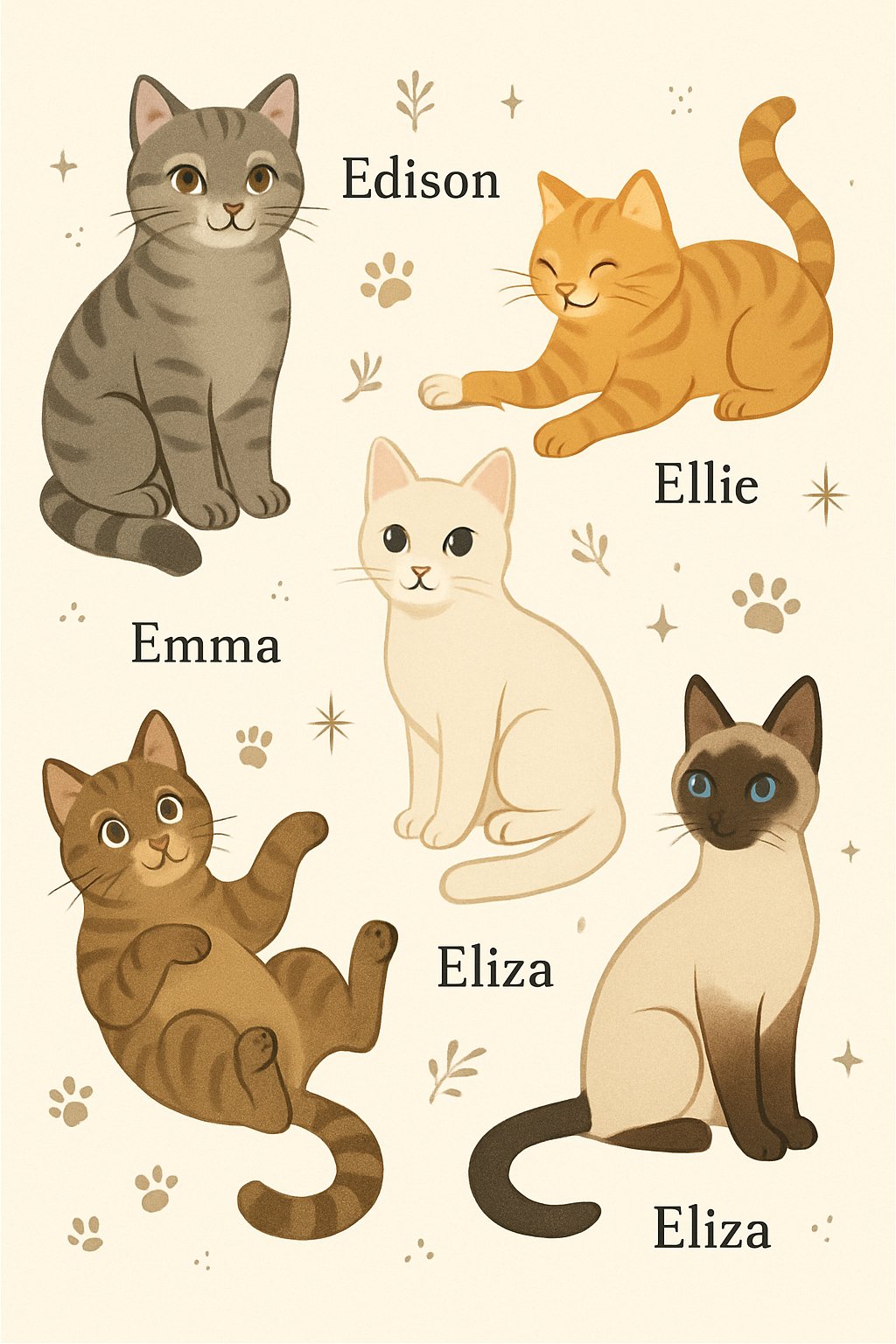 A group of different cats playing and sitting together with decorative paw prints and stars around them.