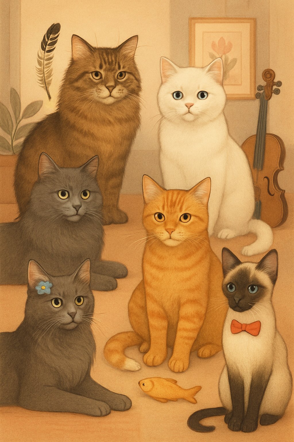 A group of diverse cats in a warm indoor setting, each with accessories or background elements hinting at names starting with the letter F.