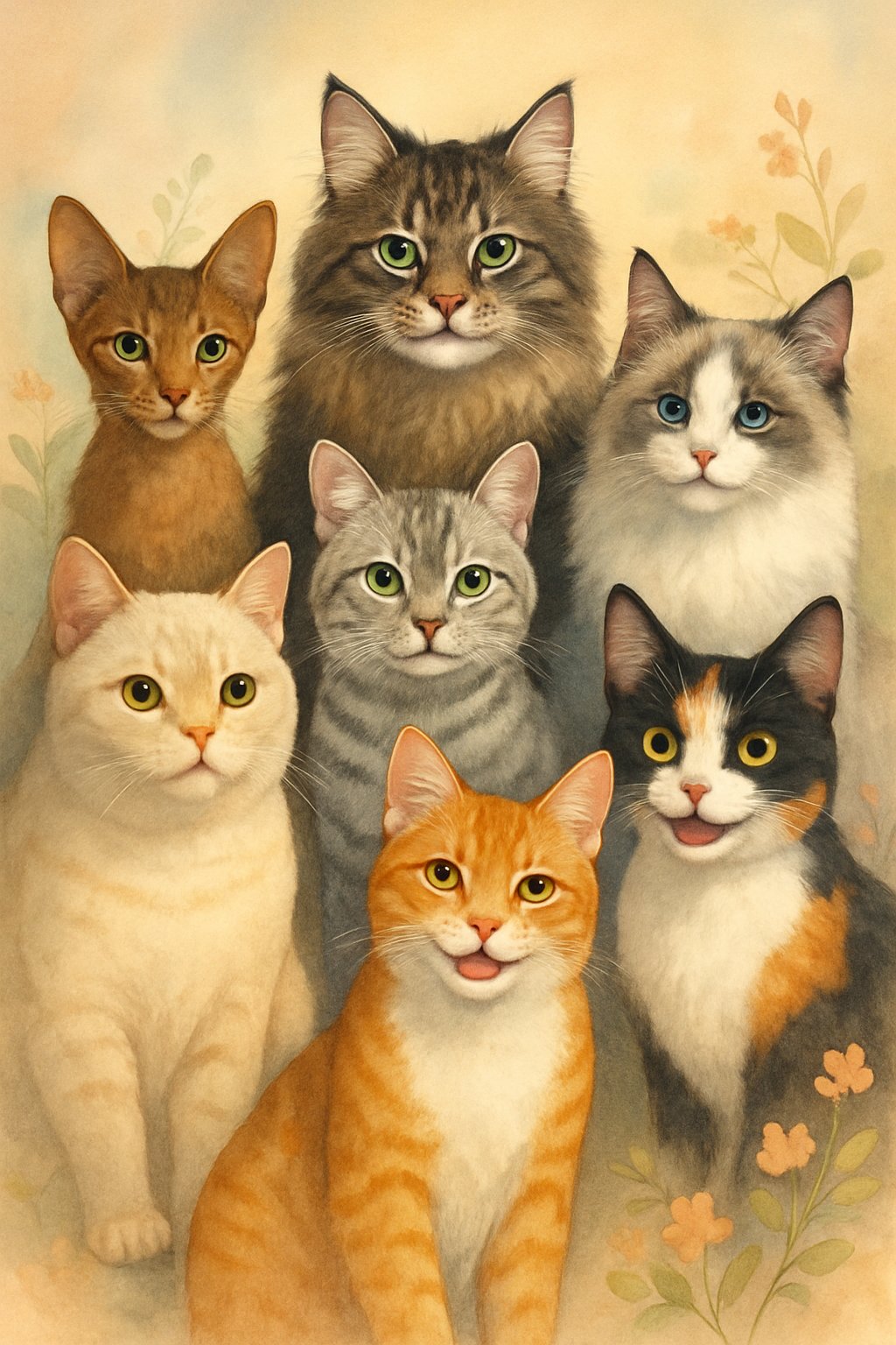 A group of various cats with different colors and breeds sitting together in a warm and inviting setting.