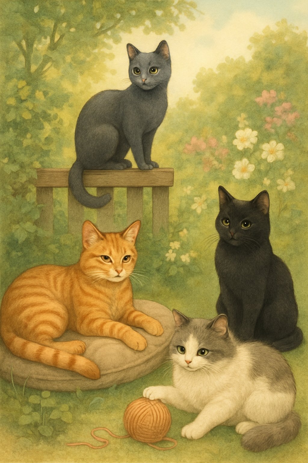 A group of cats with different colors and patterns relaxing and playing in a sunny garden.