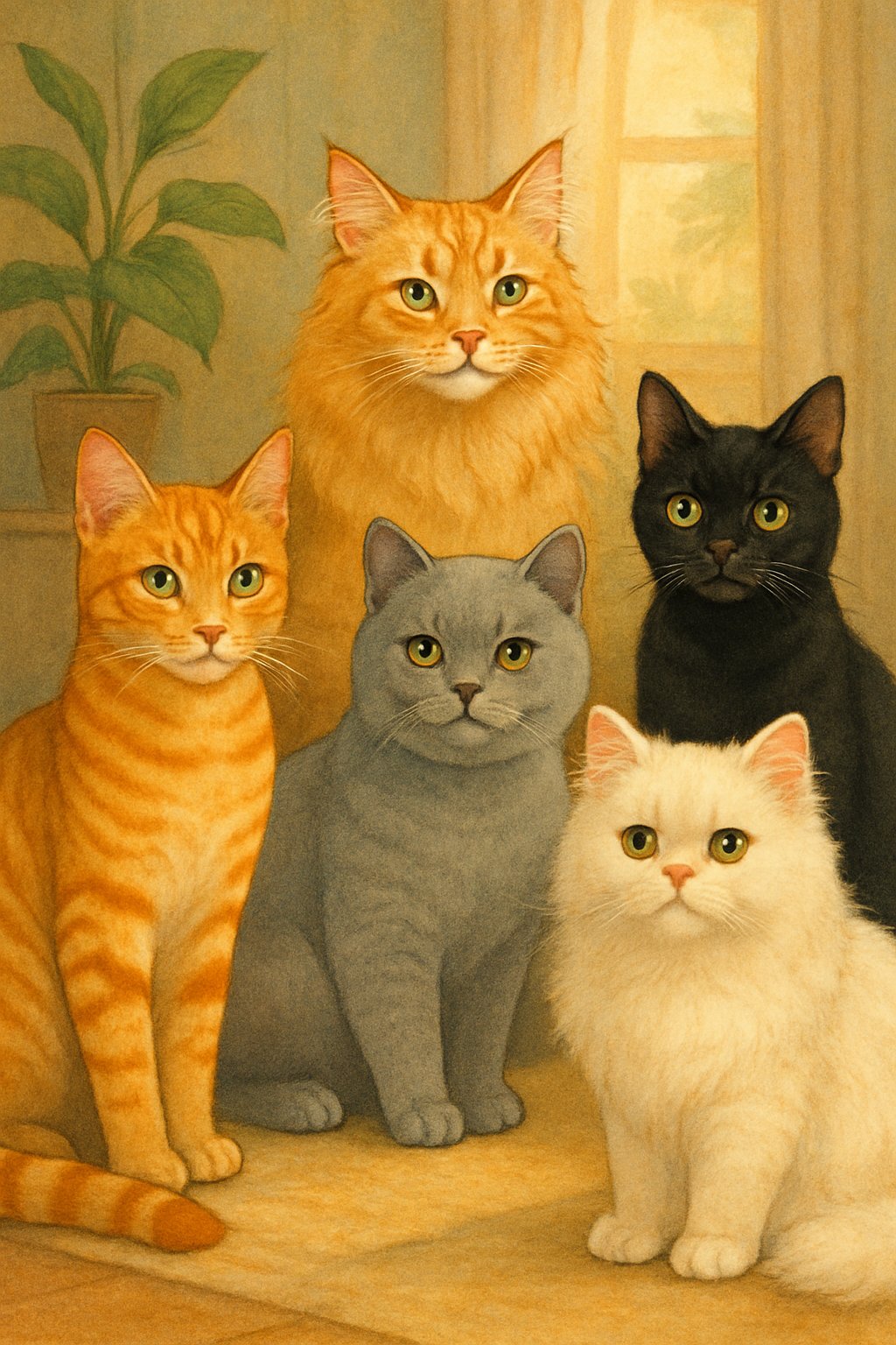 A group of various cats with different colors and fur types gathered together in a cozy indoor setting.