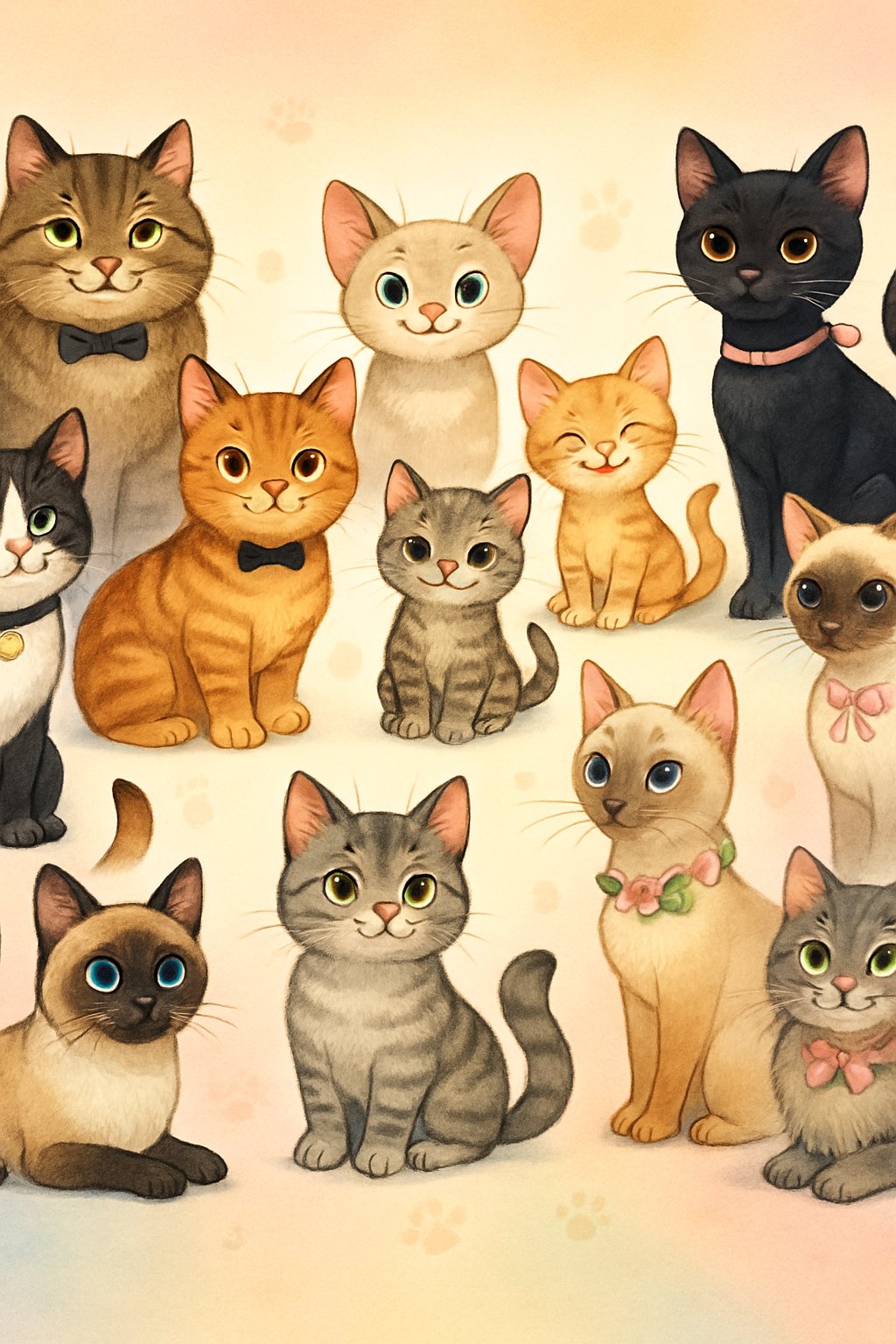 A group of cats arranged in three sections representing male, female, and unisex categories, each cat showing different breeds and colors with subtle accessories, on a soft pastel background.