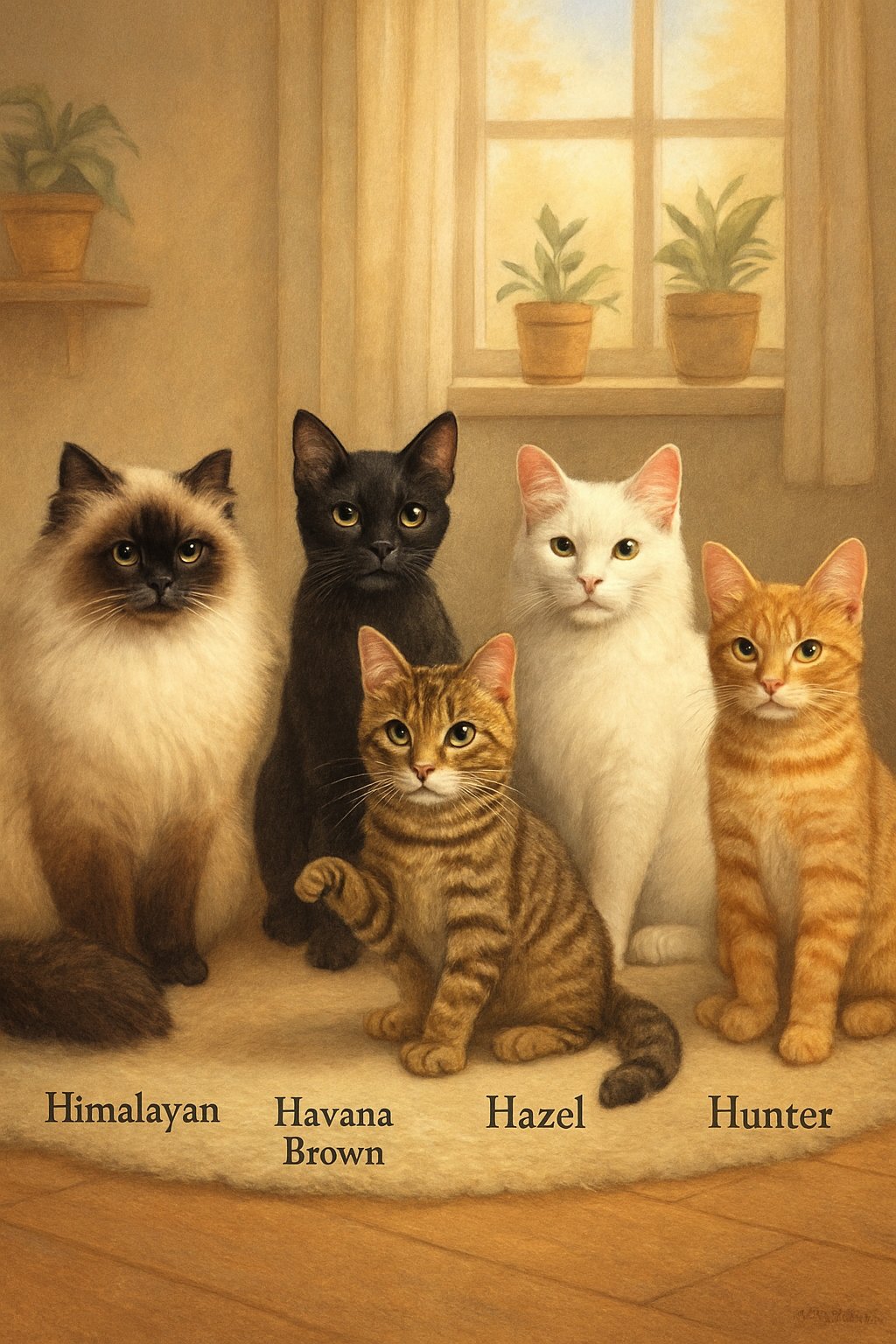 Five different cats sitting together in a cozy indoor room with sunlight, plants, and a wooden floor.