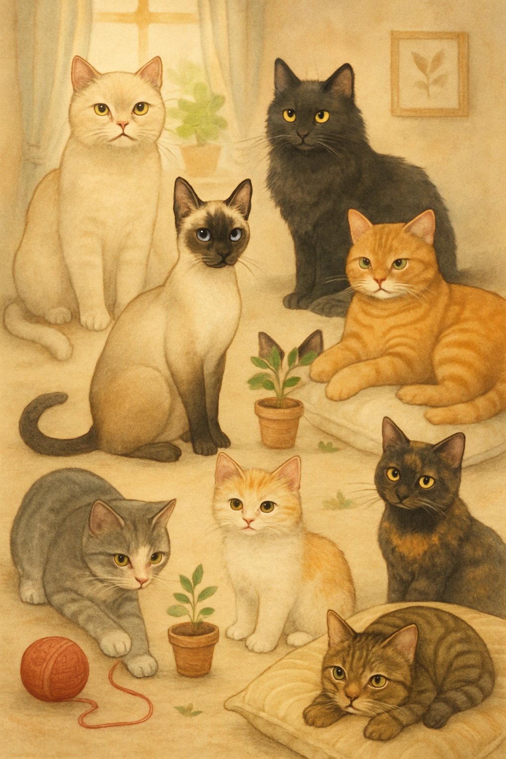 A group of various cats in a cozy indoor setting, each showing unique features and playful poses.