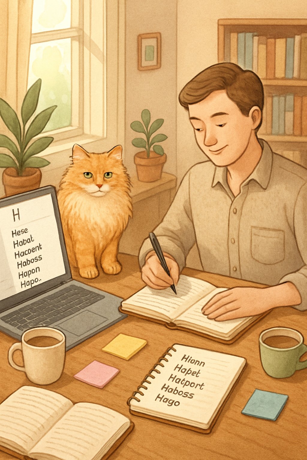A person sitting at a desk with a fluffy cat, surrounded by notebooks and a laptop, thoughtfully choosing a cat name.