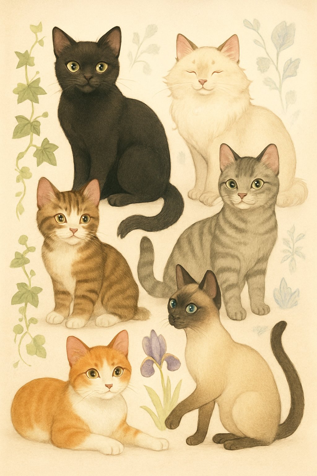 A group of cats with different colors and patterns surrounded by natural elements like ivy and flowers, arranged together in a calm and inviting setting.