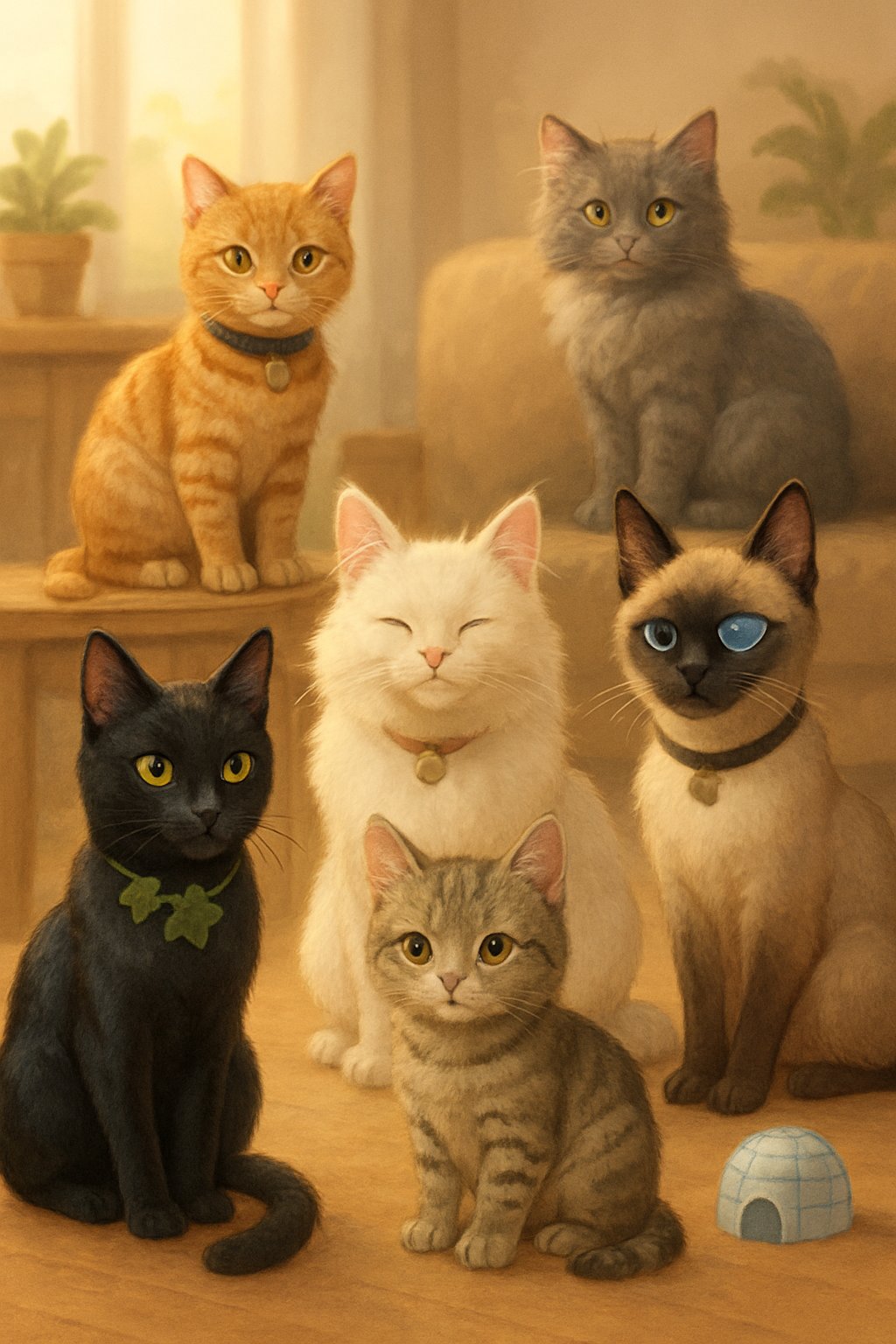 A group of different cats with accessories and features hinting at names starting with the letter I, sitting together in a cozy indoor setting.