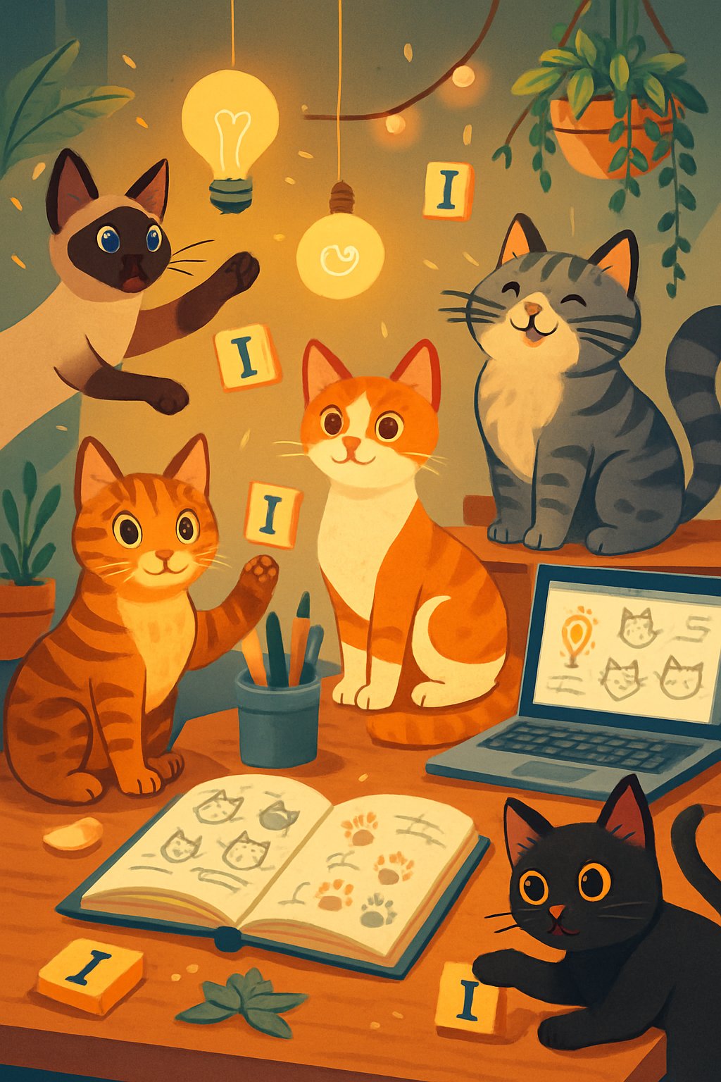 A group of cats playing around a creative workspace filled with art supplies, notebooks, and floating letter blocks with the letter I.