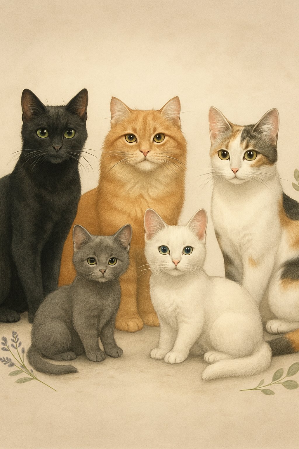 Five different cats with various colors and patterns sitting together in a gentle semi-circle on a soft background with small plants around them.