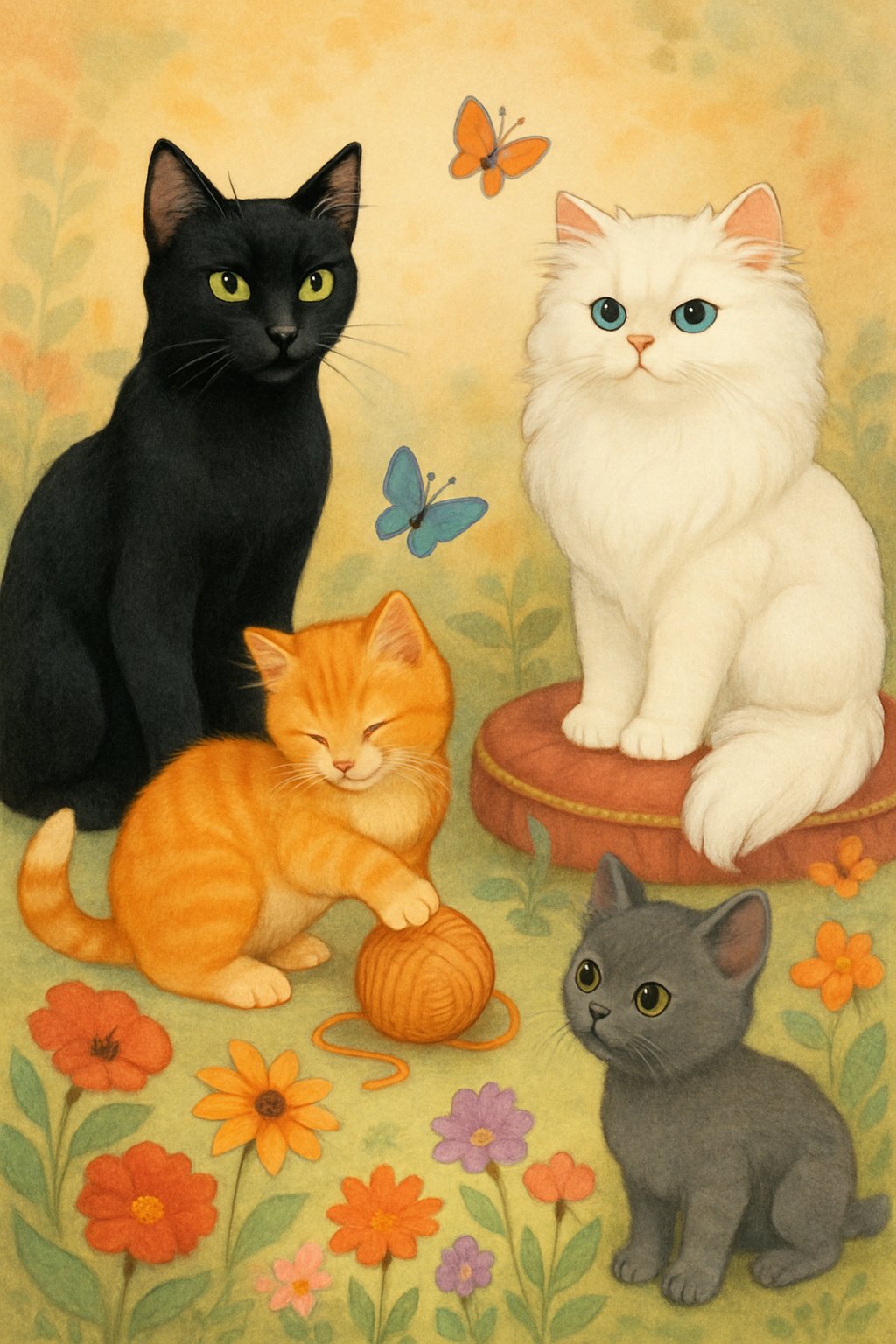 Several cats of different colors and breeds play and relax in a garden setting.