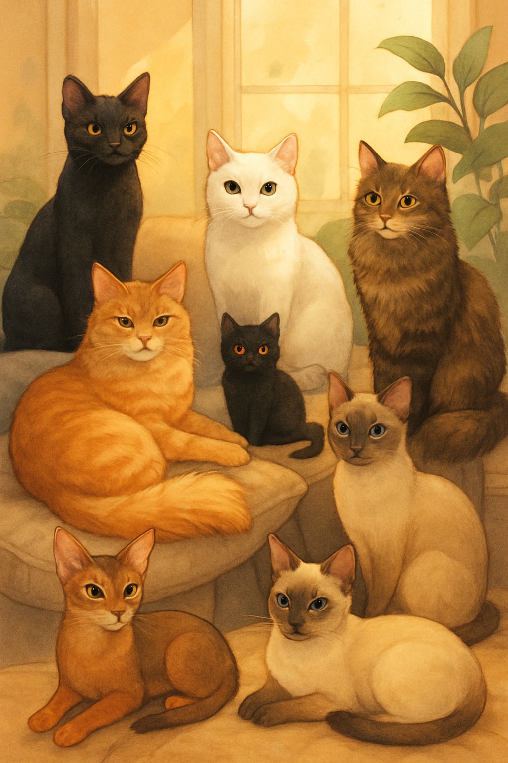 Several cats of different breeds and colors resting and playing in a cozy indoor room with cushions and plants.