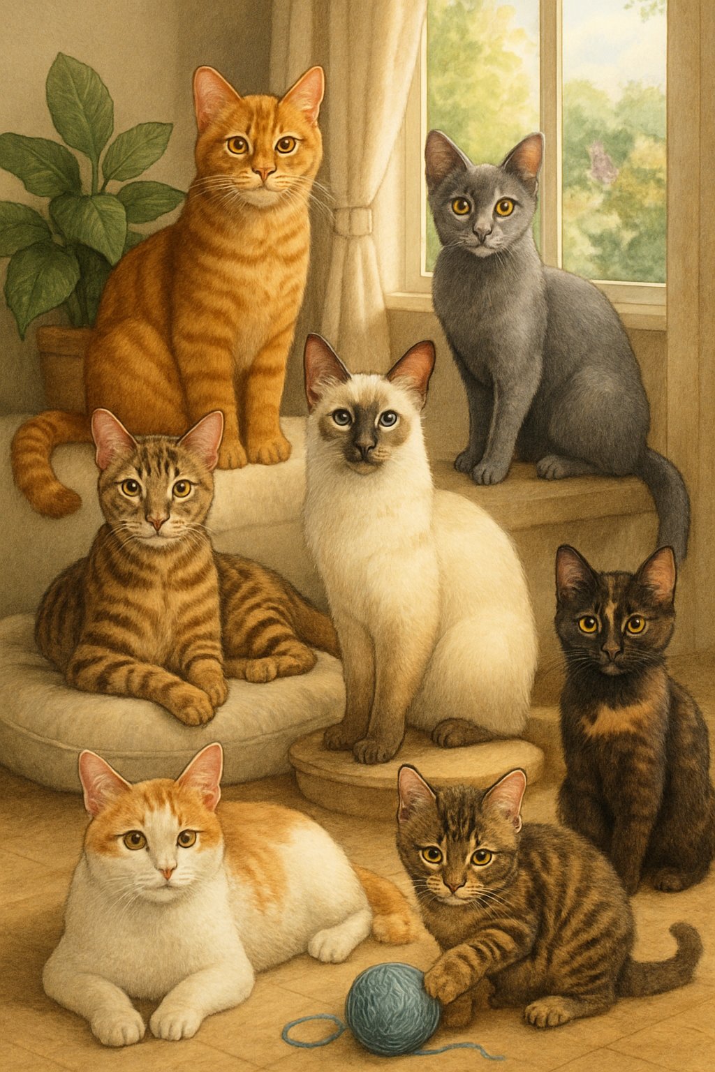 Several cats of different breeds playing and relaxing in a cozy indoor room with furniture and plants.