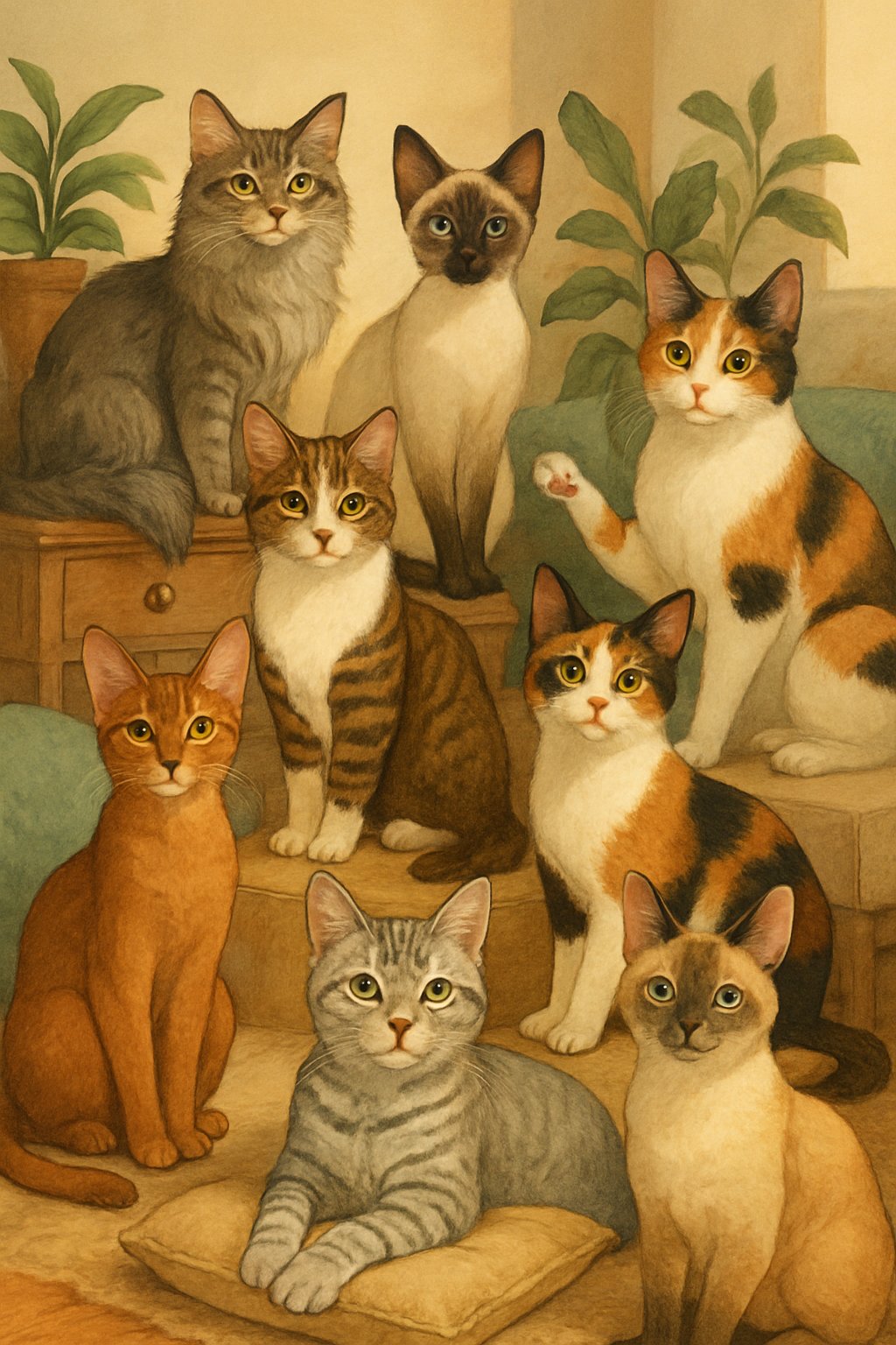 A group of various cats in a cozy indoor setting, each with different colors and poses, surrounded by cushions and plants.