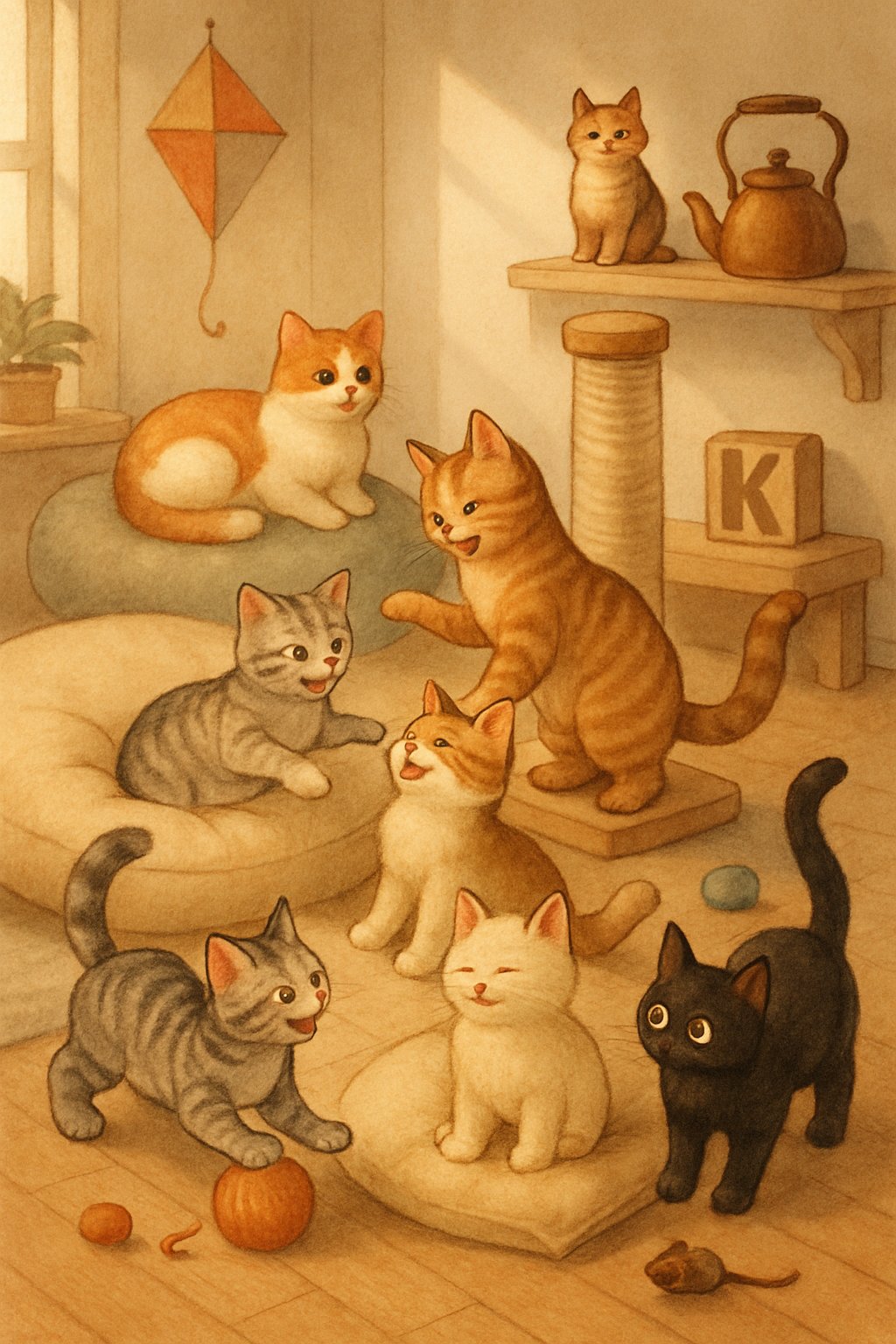 Several playful cats of different breeds and colors in a cozy room with cushions, toys, and cat furniture.