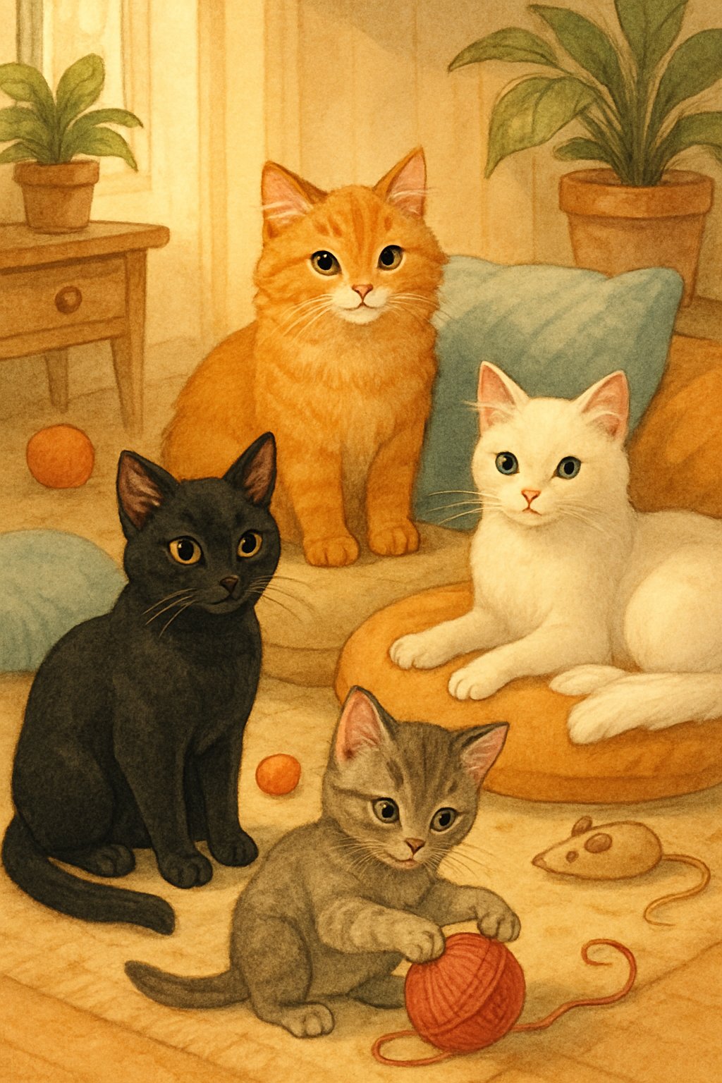A cozy room with several cats of different breeds and colors playing and resting together.