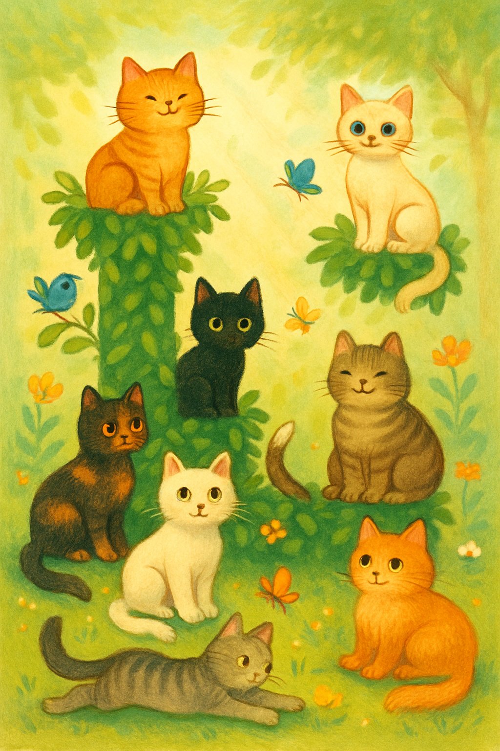 A group of diverse cats playing and resting around a large leafy tree shaped like the letter L in a sunny garden.