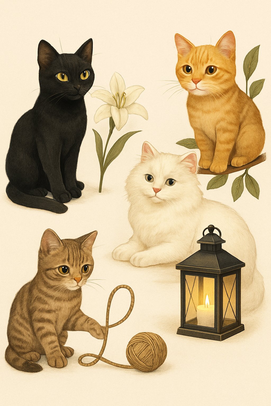 Several cats of different breeds and colors playfully interacting with objects like a lily flower, lantern, yarn, and leaves, suggesting names starting with the letter L.