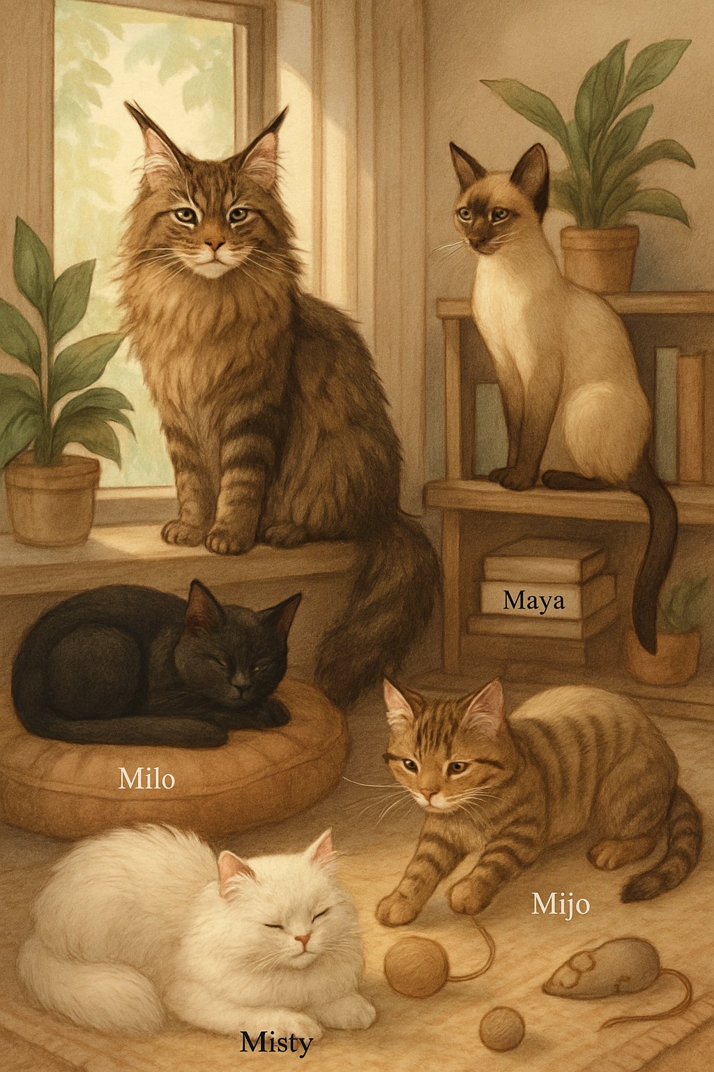 A cozy indoor scene showing five different cats with unique appearances relaxing and playing in a sunlit room with cushions and plants.