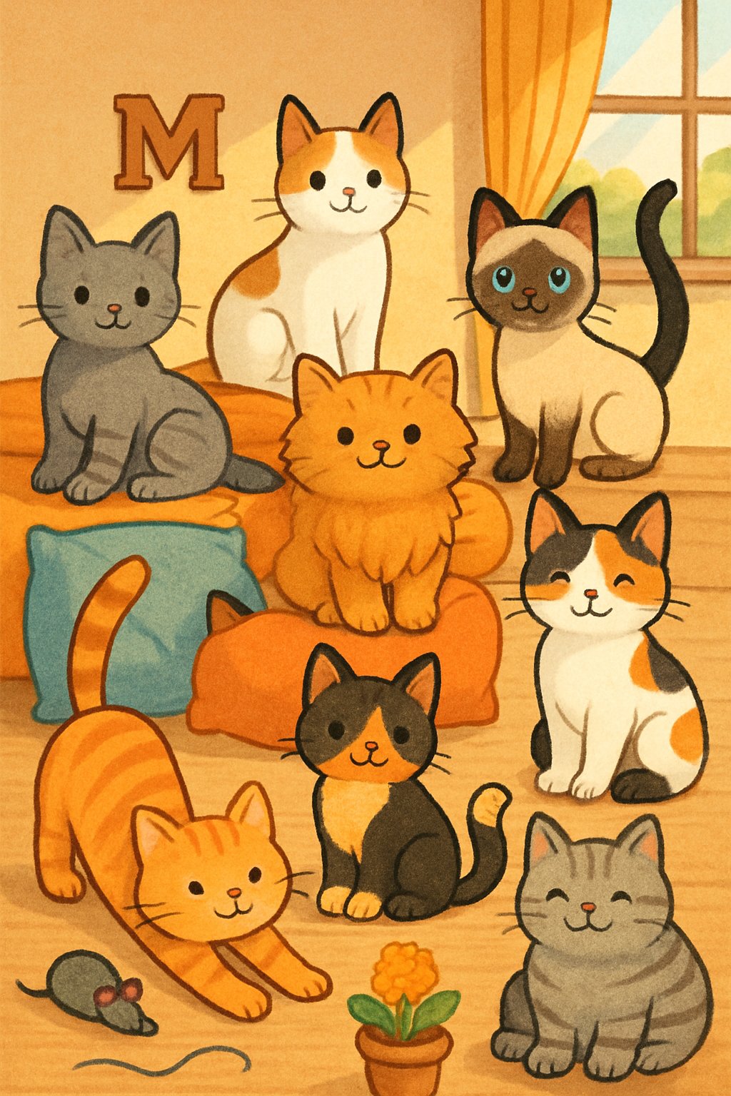 A group of playful cats in a cozy room with sunlight streaming through a window, surrounded by toys and cushions.