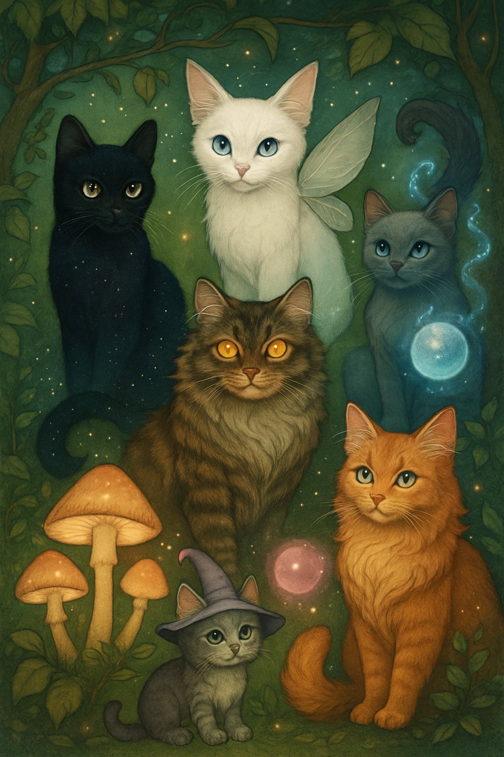 A group of magical and whimsical cats with unique appearances in an enchanted forest surrounded by glowing mushrooms, floating orbs, and twinkling lights.