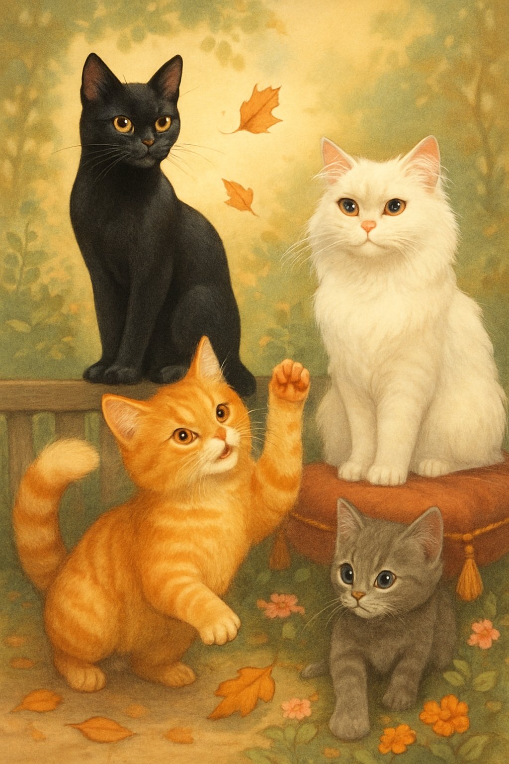 A group of cats with different fur colors and patterns in a garden, including a black cat on a fence, an orange tabby playing with leaves, a white Persian on a cushion, and a gray kitten exploring flowers.