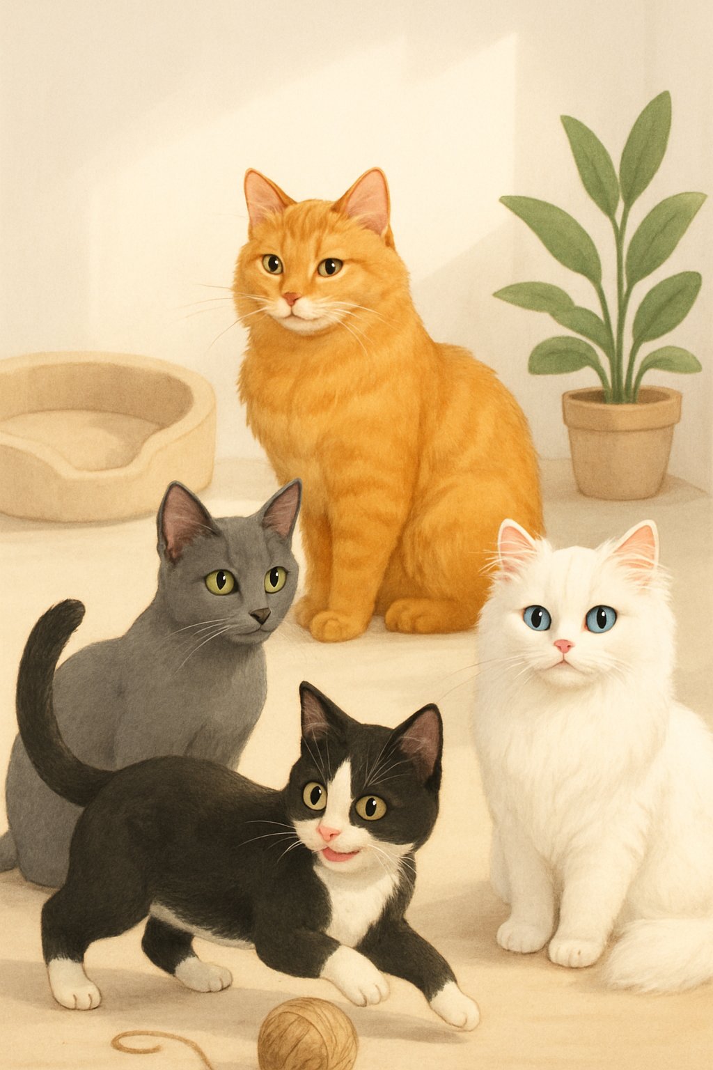 A group of different cats in a bright indoor setting, including a tuxedo cat, an orange tabby, a gray cat, and a white Persian cat.