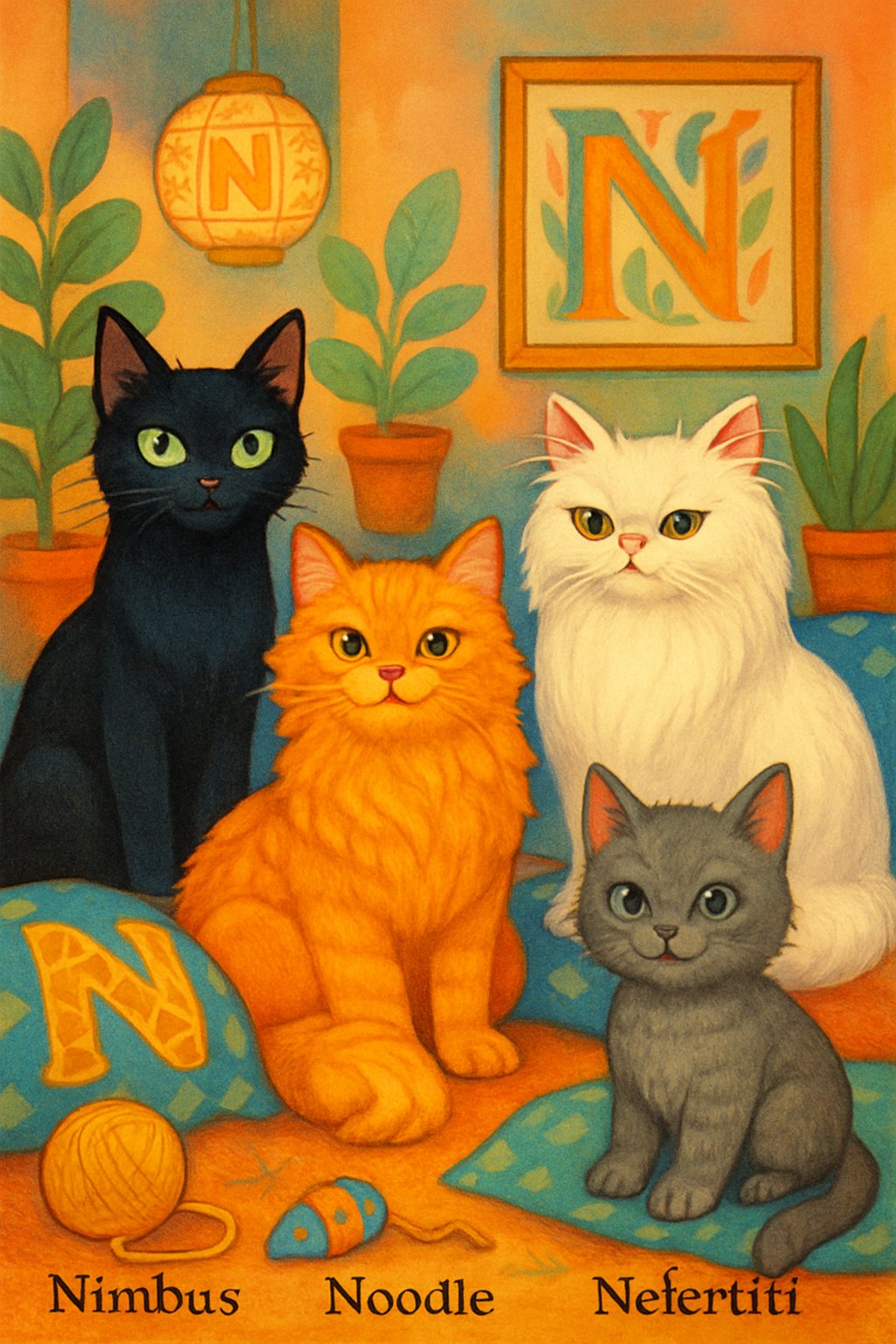 A cozy indoor scene showing several cats of different colors and breeds playing and resting among cushions and plants.