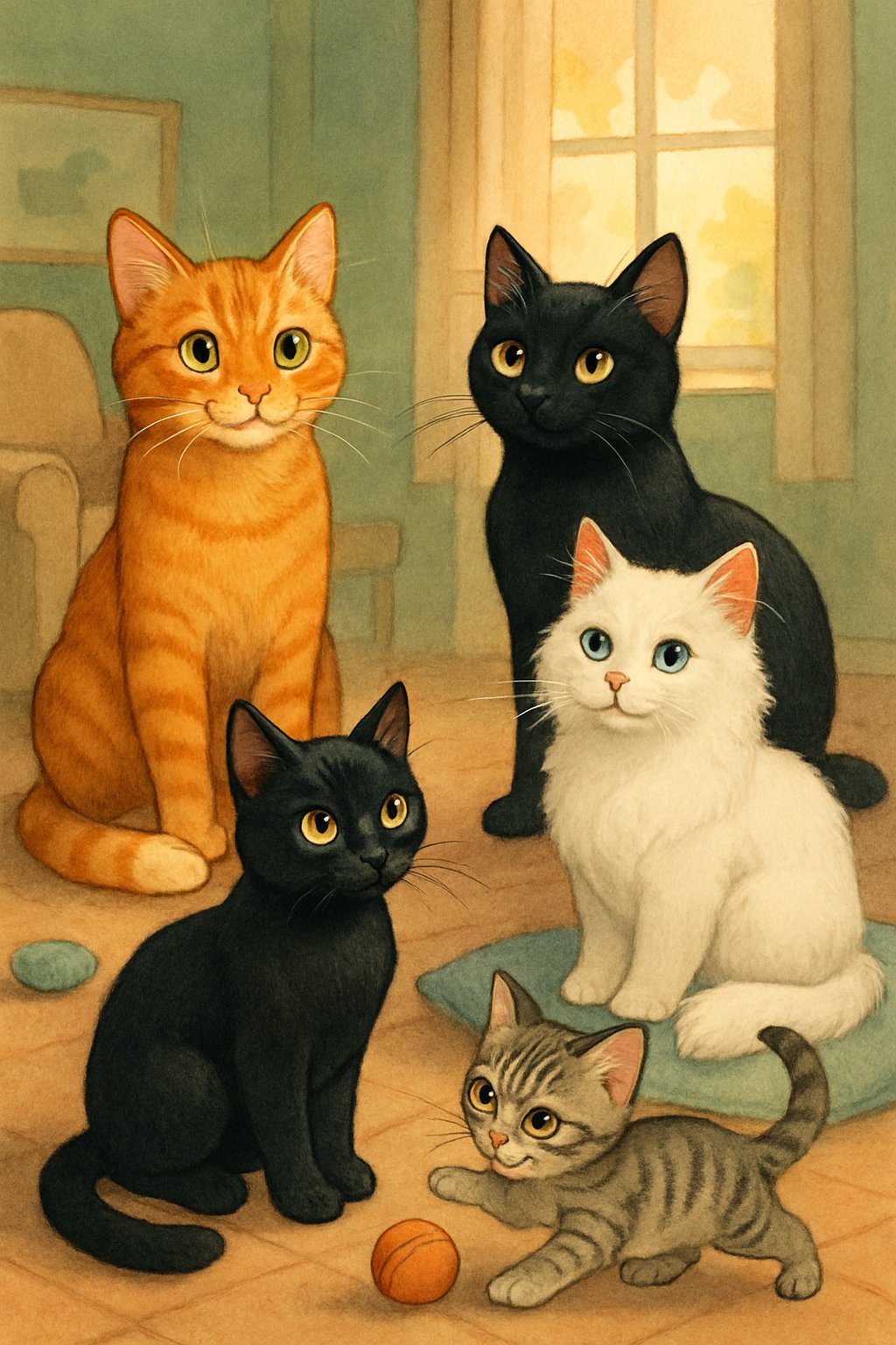 A cozy indoor scene showing several different cats with unique colors and features, each representing a cat name starting with the letter O.