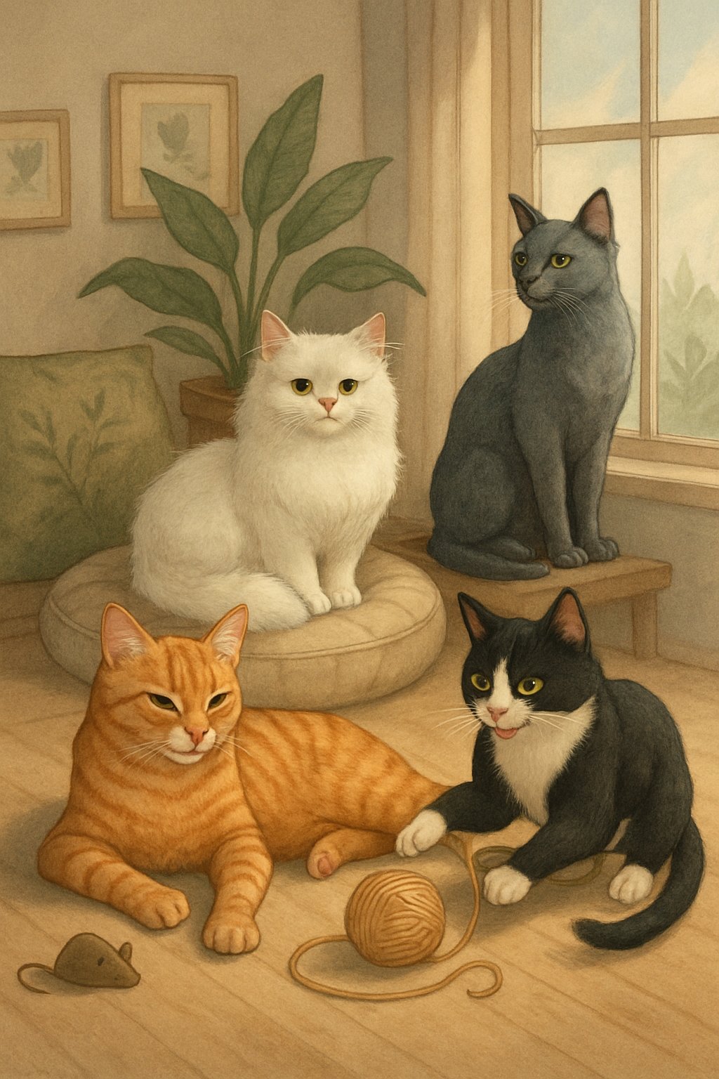 A group of cats with different colors and poses in a cozy indoor setting, each representing popular cat names starting with the letter O.