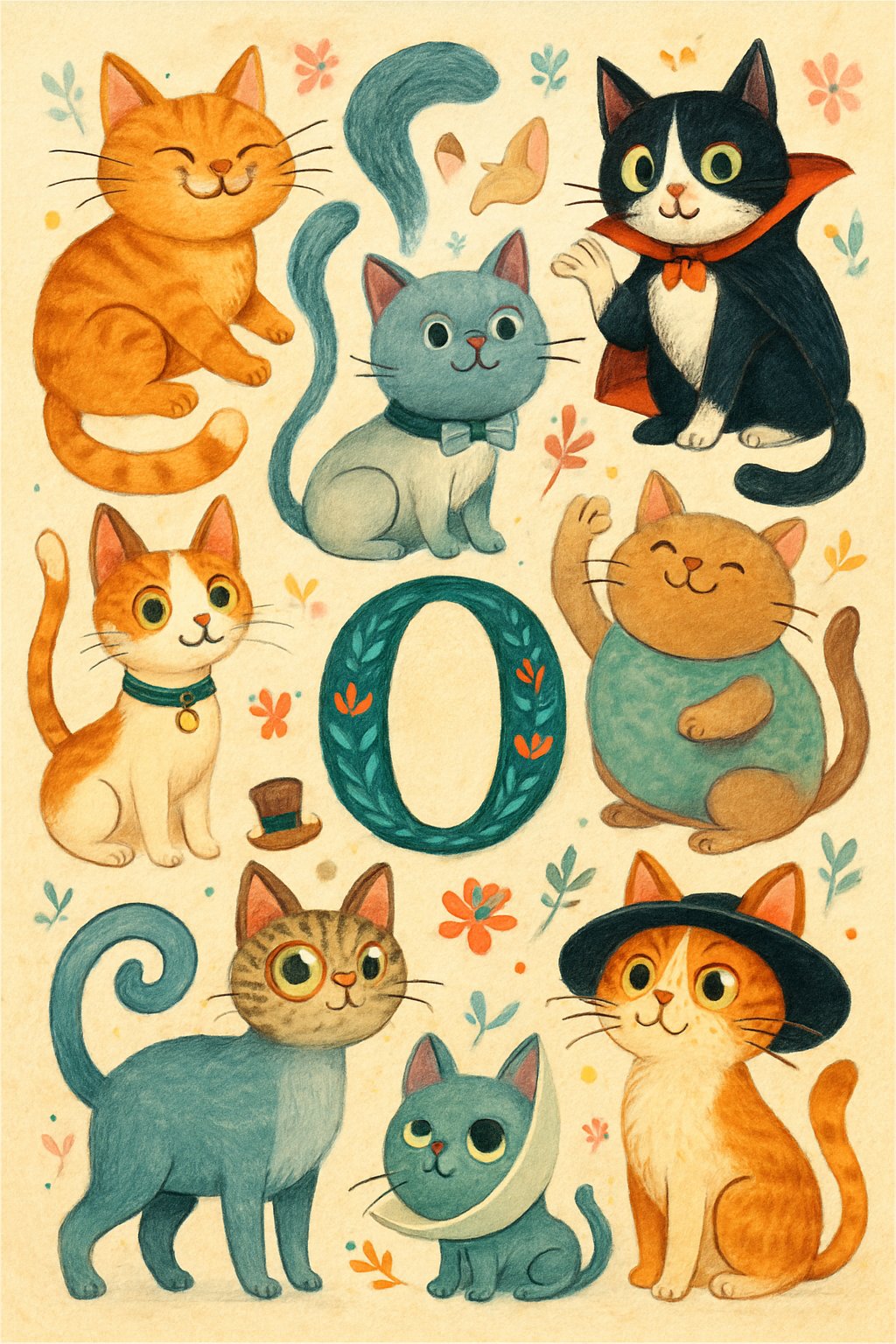 A group of colorful and playful cats surrounding a large letter O, each cat showing unique patterns and accessories in a lively scene.