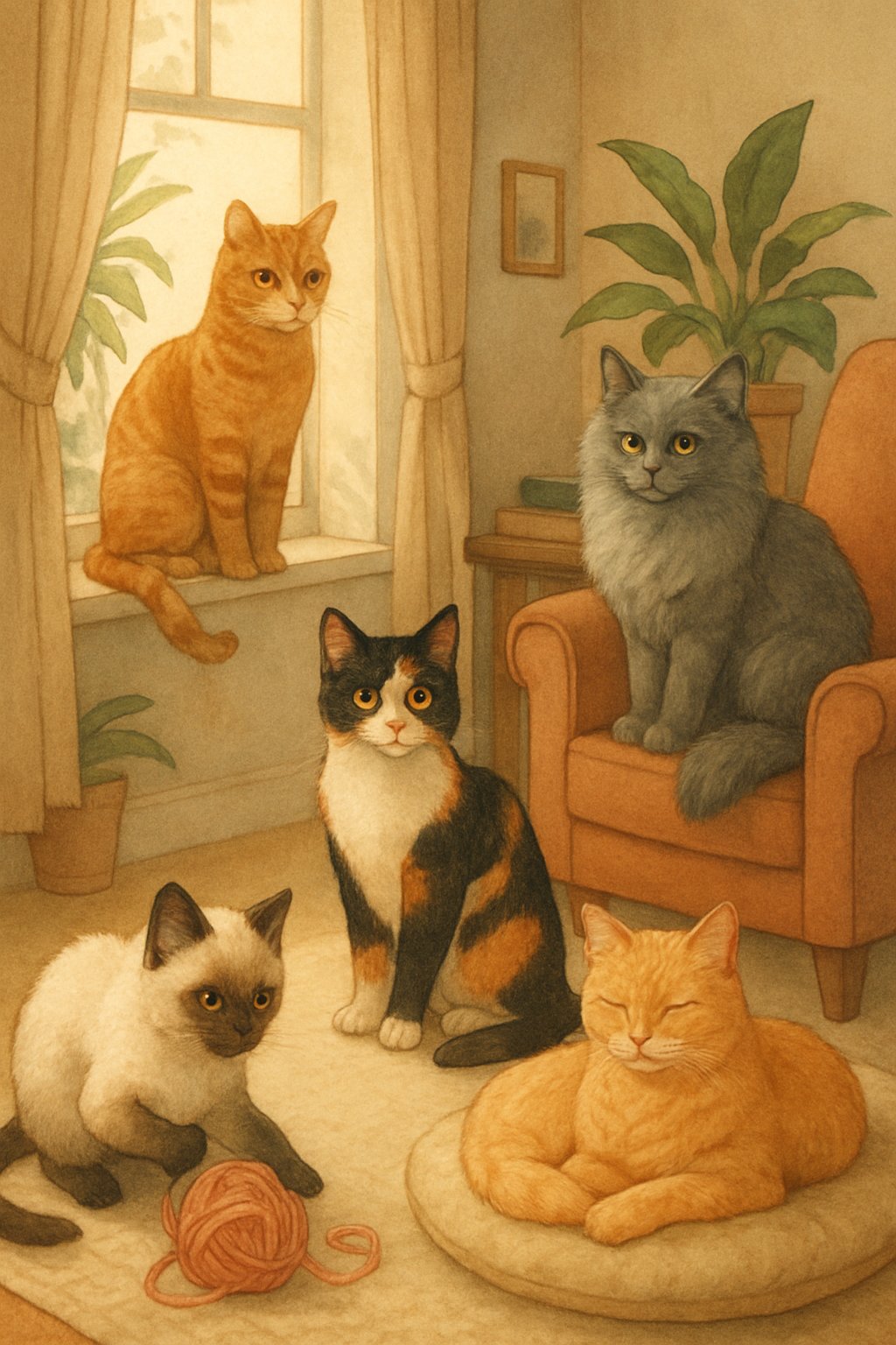 Several cats in a cozy room, each with unique fur patterns, sitting and playing peacefully among plants and furniture.
