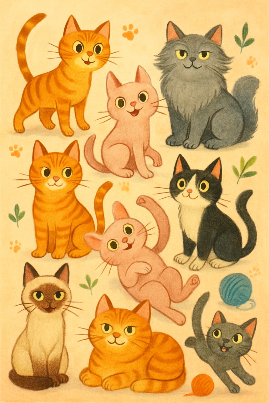 A group of diverse cats with different colors and expressions, each showing unique personalities, surrounded by cozy elements like yarn balls and paw prints.