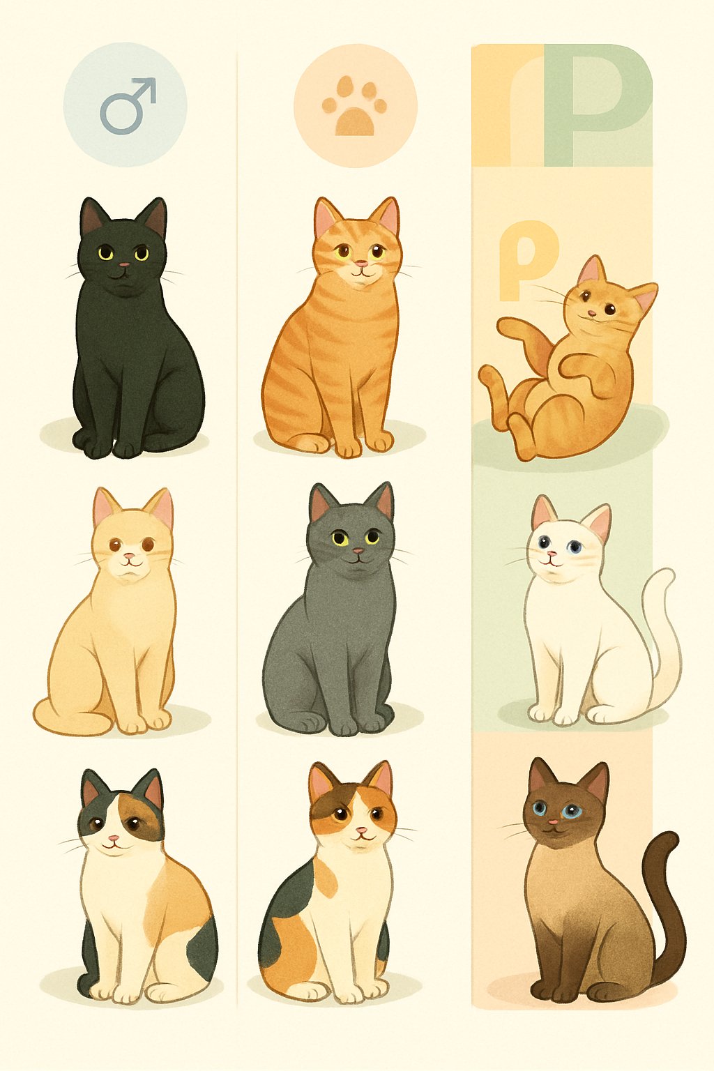 A group of cats of different colors and breeds arranged in sections representing gender, color, and vibe, shown with different poses and expressions.