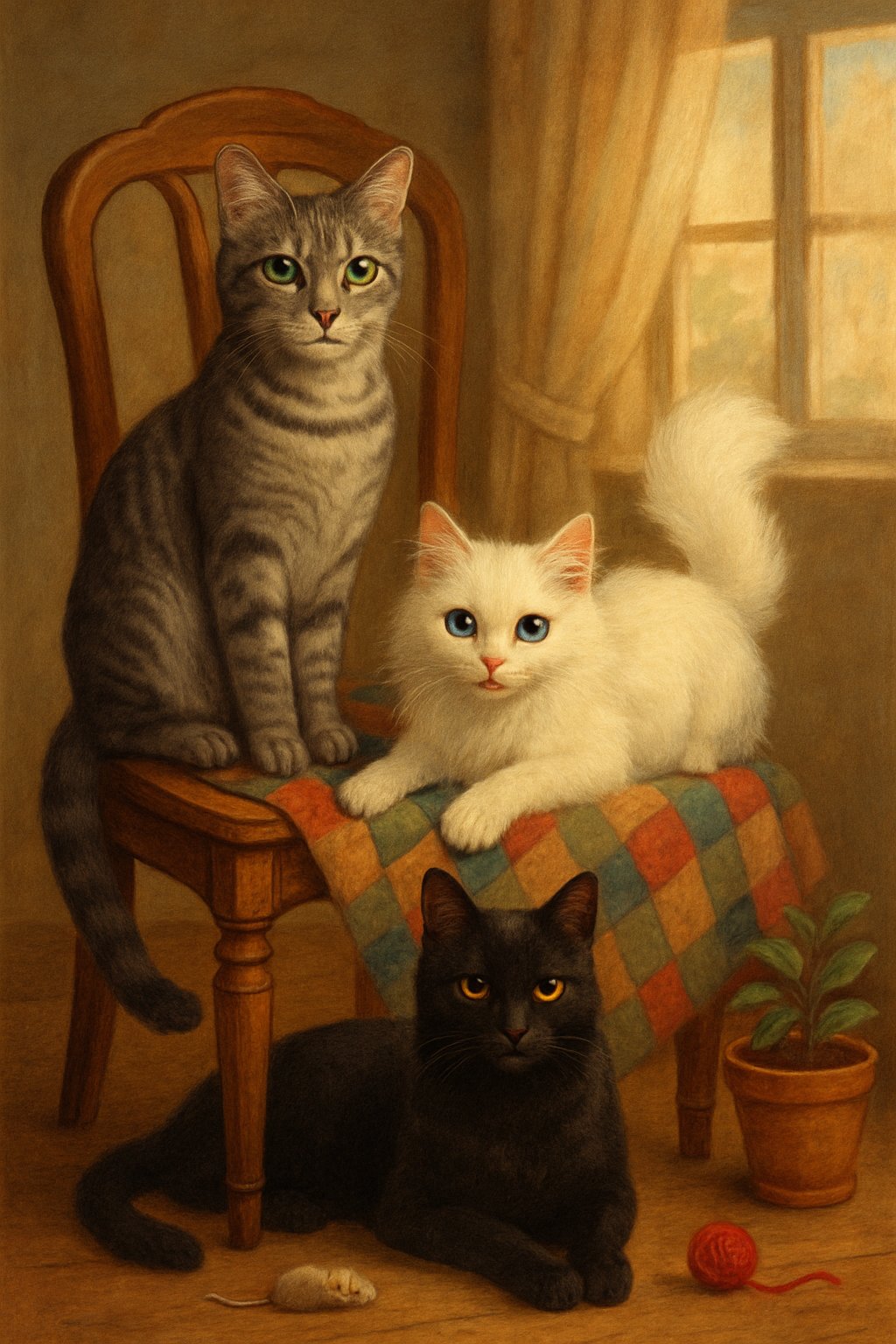 Three cats with different colors and poses in a cozy room with a chair, quilt, potted plant, and soft lighting.