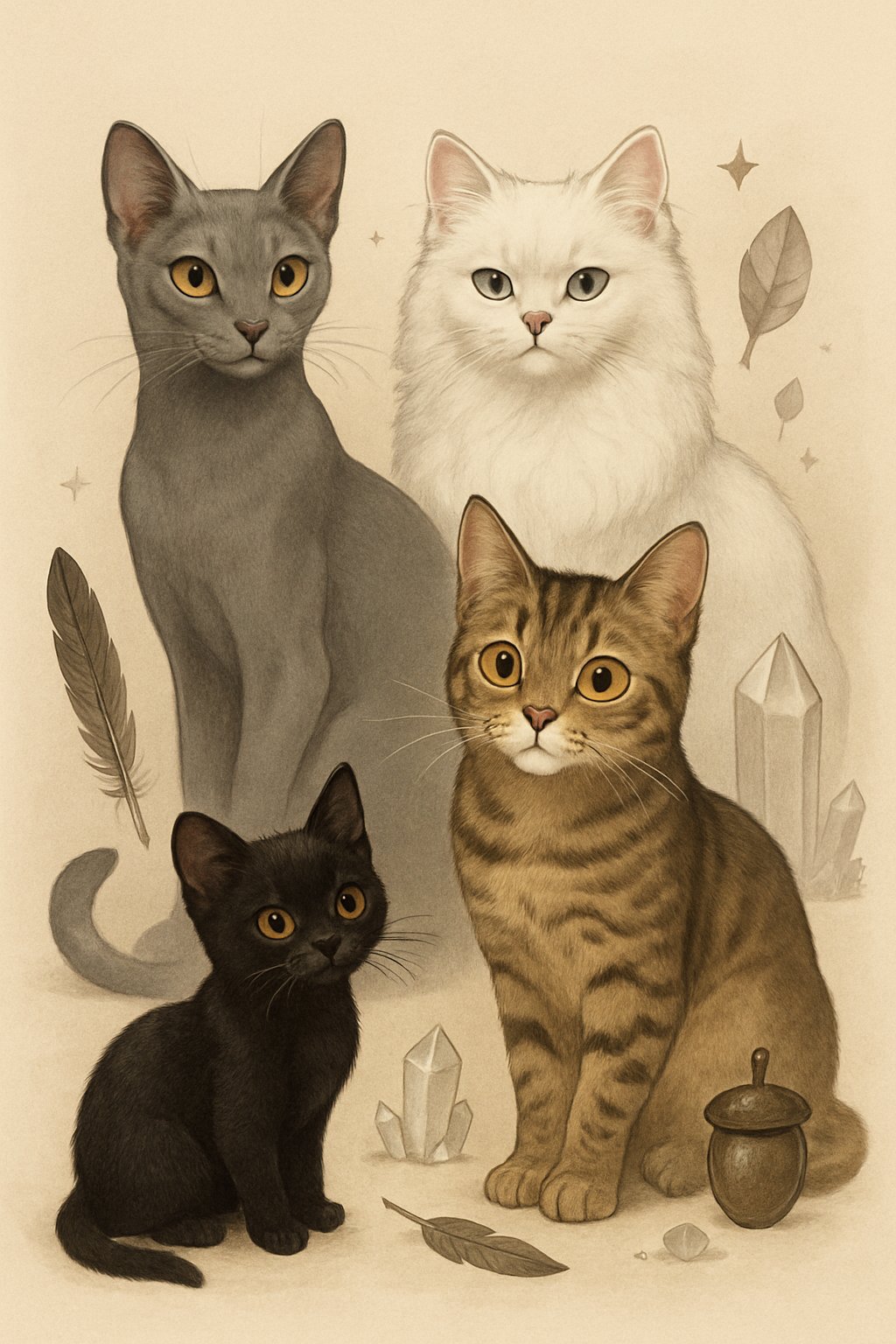 A group of different cats with unique appearances arranged together, each representing a unique cat name starting with the letter Q.