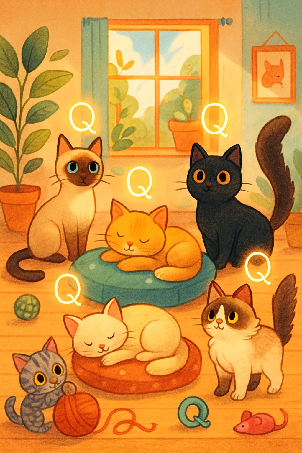Several cats in a cozy room with sunlight, playing and resting near objects shaped like the letter Q.