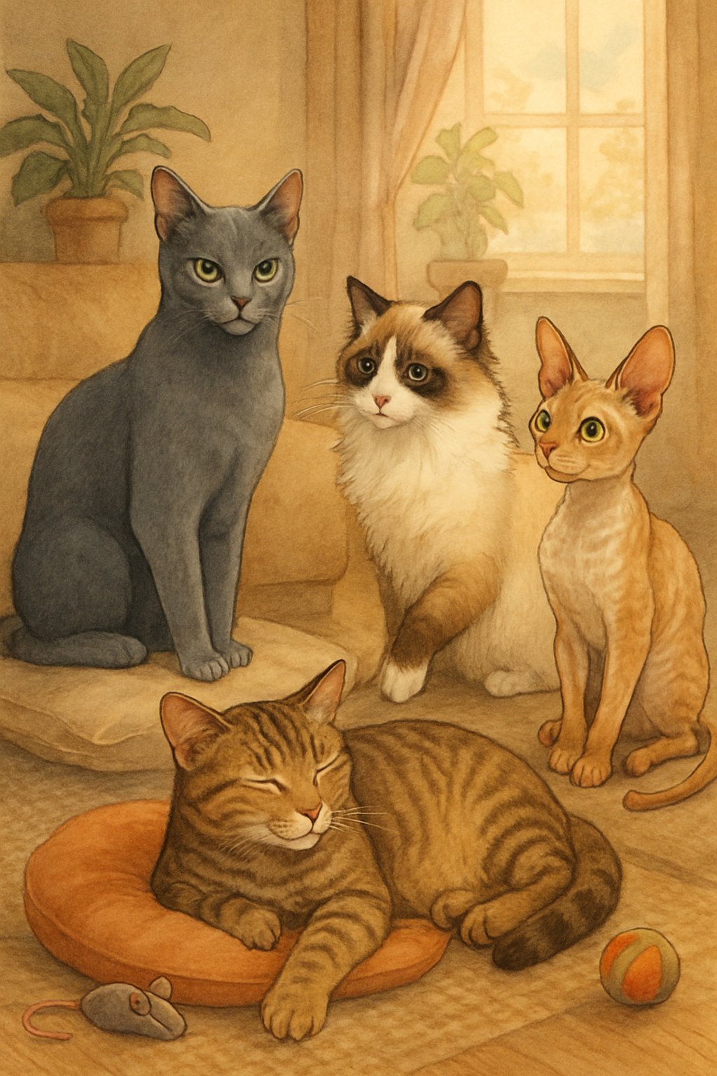 Several cats with different appearances relaxing and playing together in a cozy indoor room.