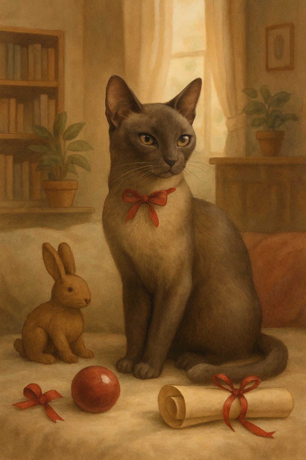 A cat sitting on a cushion surrounded by objects like a red ribbon, wooden toy rabbit, ruby ball, and a rolled scroll in a cozy room with sunlight coming through a window.