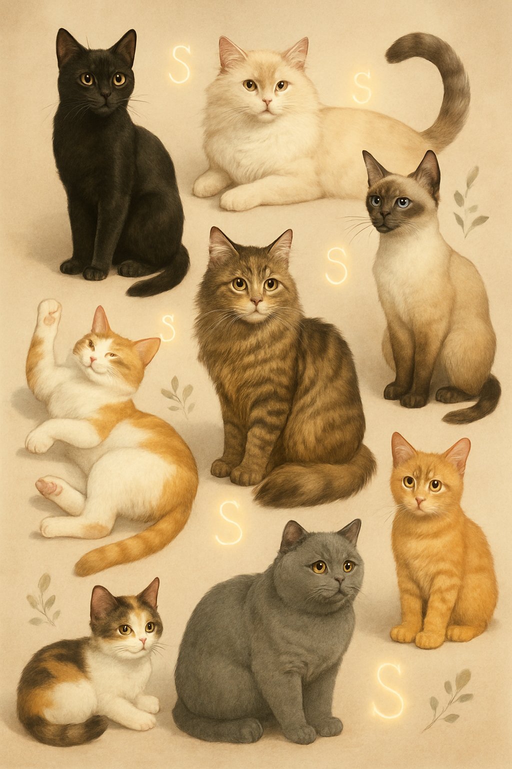Several cats of different breeds and colors are shown together in a calm setting, each with a unique pose and expression.